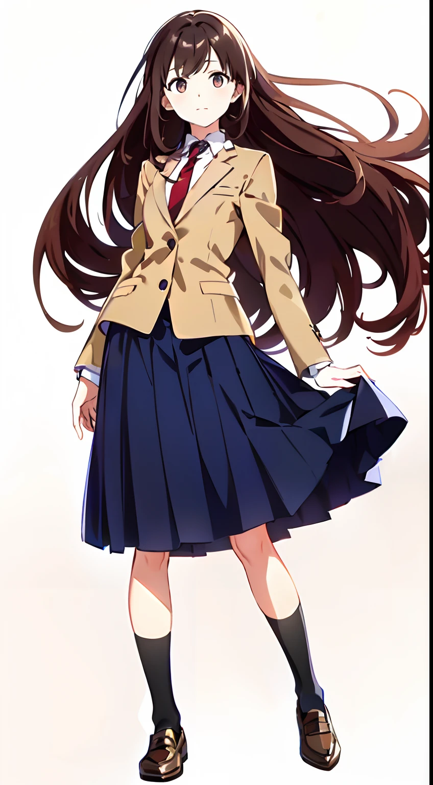 (white background:1.2), (best quality:1.2), (masterpiece:1.2), (full body:1.0), (solo:1.0), (a  girl:1.0), (long skirt:1.05), (dark blue skirt:1.0), (pleated skirt:1.0), (school uniform beige blazer:1.1), (red necktie:1.0), (black socks:1.0), (loafers:1.0), (tall:1.1), (slender:1.1), (small breasts:1.1), (detailed beautiful eyes:1.0), (detailed beautiful face:1.0), (glowing black eyes:1.0), (long hair:1.0), (strait hair:1.0), (brown hair:1.0)