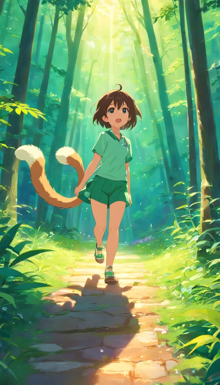 **[cutecore, Tiny cores, The heart of nature] cute little cat, ln the forest, Playing with the, Looks fun, Pixar style eyes