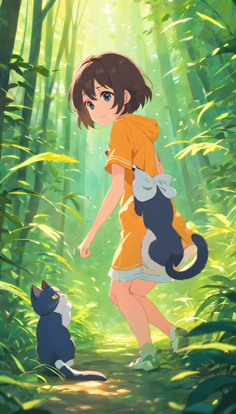 **[cutecore, Tiny cores, The heart of nature] cute little cat, ln the forest, Playing with the, Looks fun, Pixar style eyes