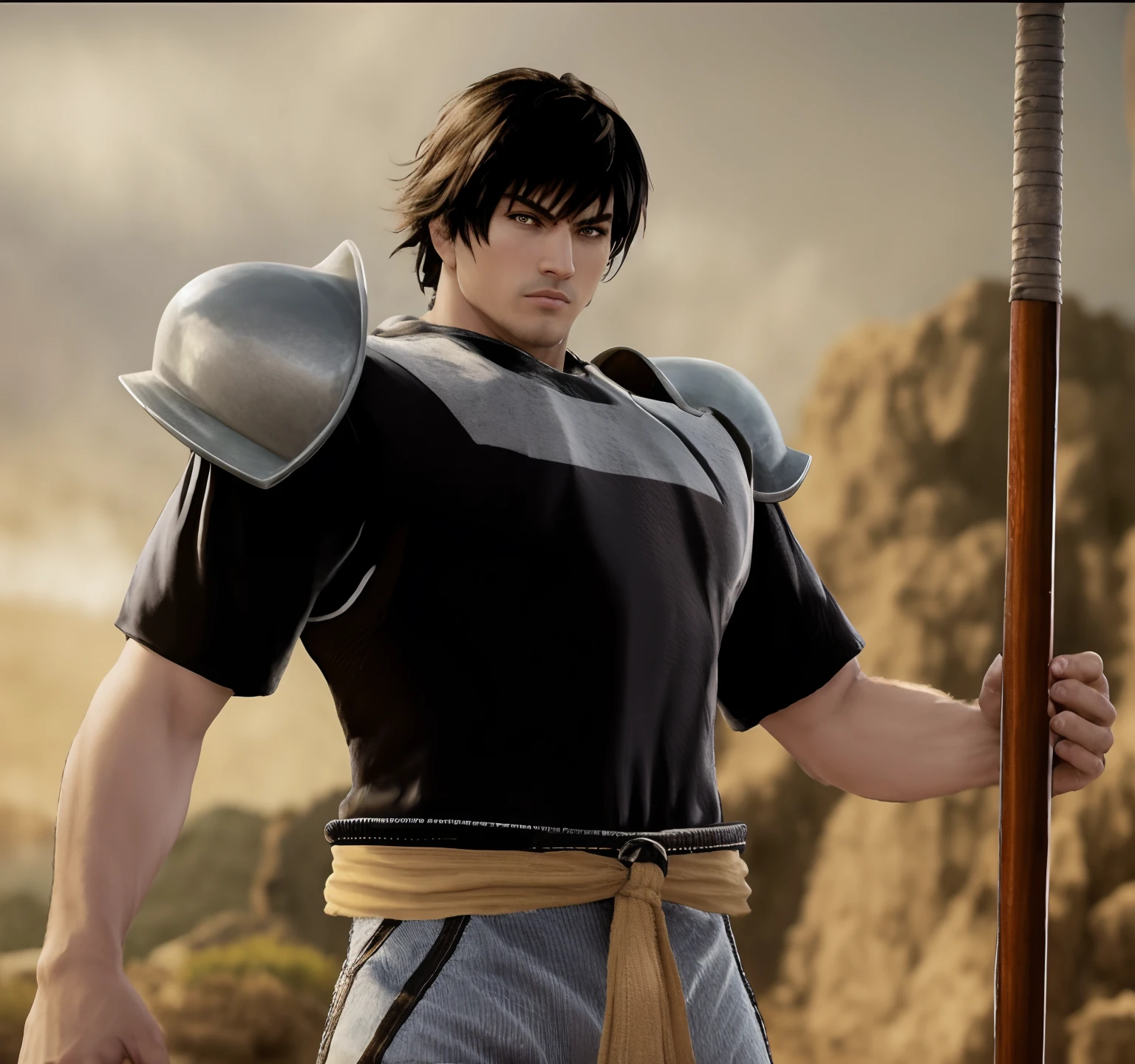 Macho de camisa preta e faixa marrom segurando um poste, personagem de jogo de luta, como personagem em tekken, unreal motor render saint seiya, 8 k uhd detalhes do caractere, Personagem de King of Fighters, Alma Calibur, Mago , merlin, Modelos de Yasuke 5 0 0 px, Detalhes do caractere 8K