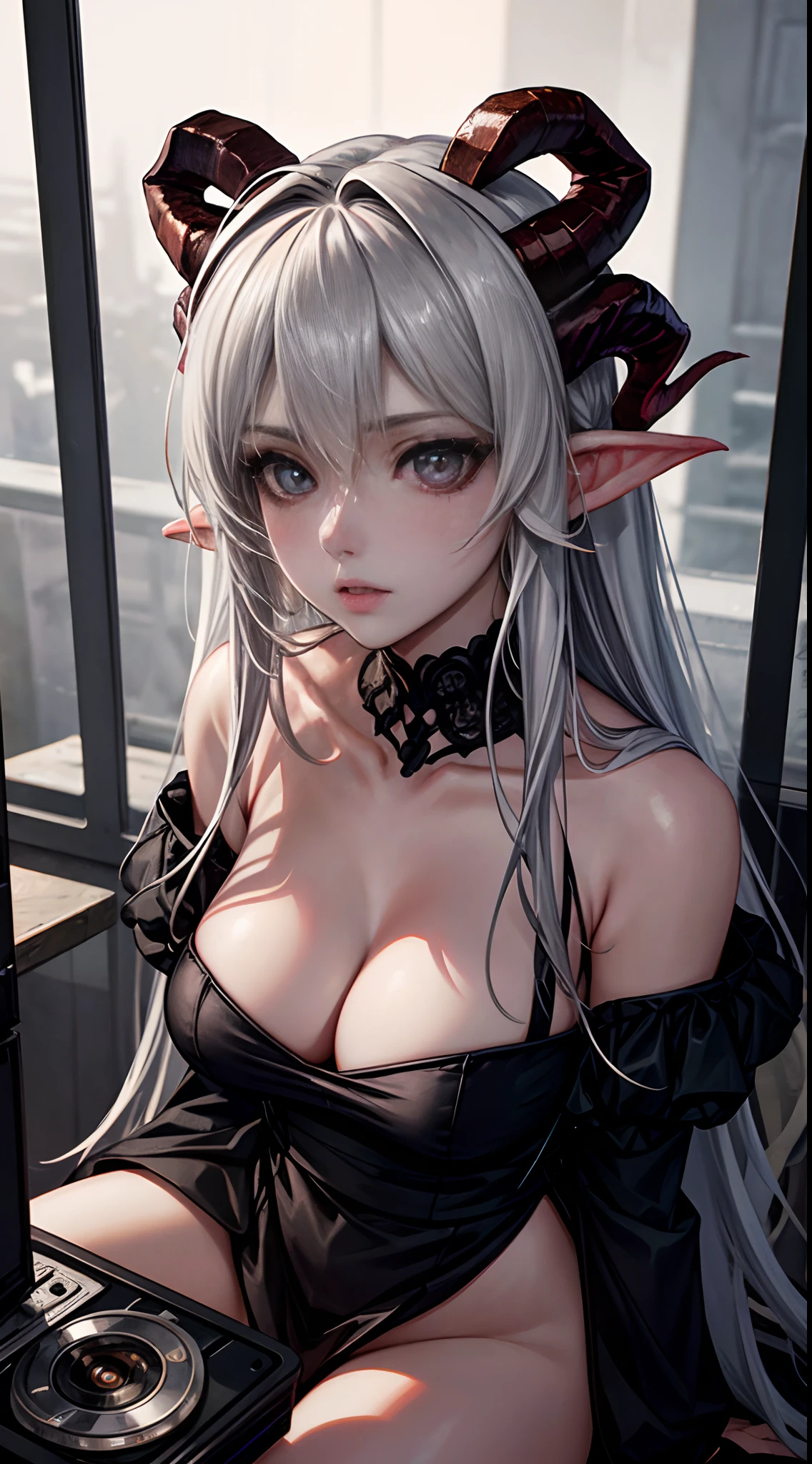 female devil with the horns, fire as background, White color hair, Off-the-shoulder attire, sexy maid dress, masterpiece, (high detail:1.1), Rough face, seductive, sexy pose, fashion model posing, Large breasts, Natural skin, high quality, NSFW, beautiful eyes, (Detailed face and eyes), (the face: 1 2), noises, Extra, real photograph, PSD, Lamp film photography, sharp focus, contrasty lighting, Delicate skin, High resolution 8K, insanely details, realistic-lying, professional photo shooting, 8K UHD, SLR camera, soft lighting, high high quality, film-grain, Fuji film XT3