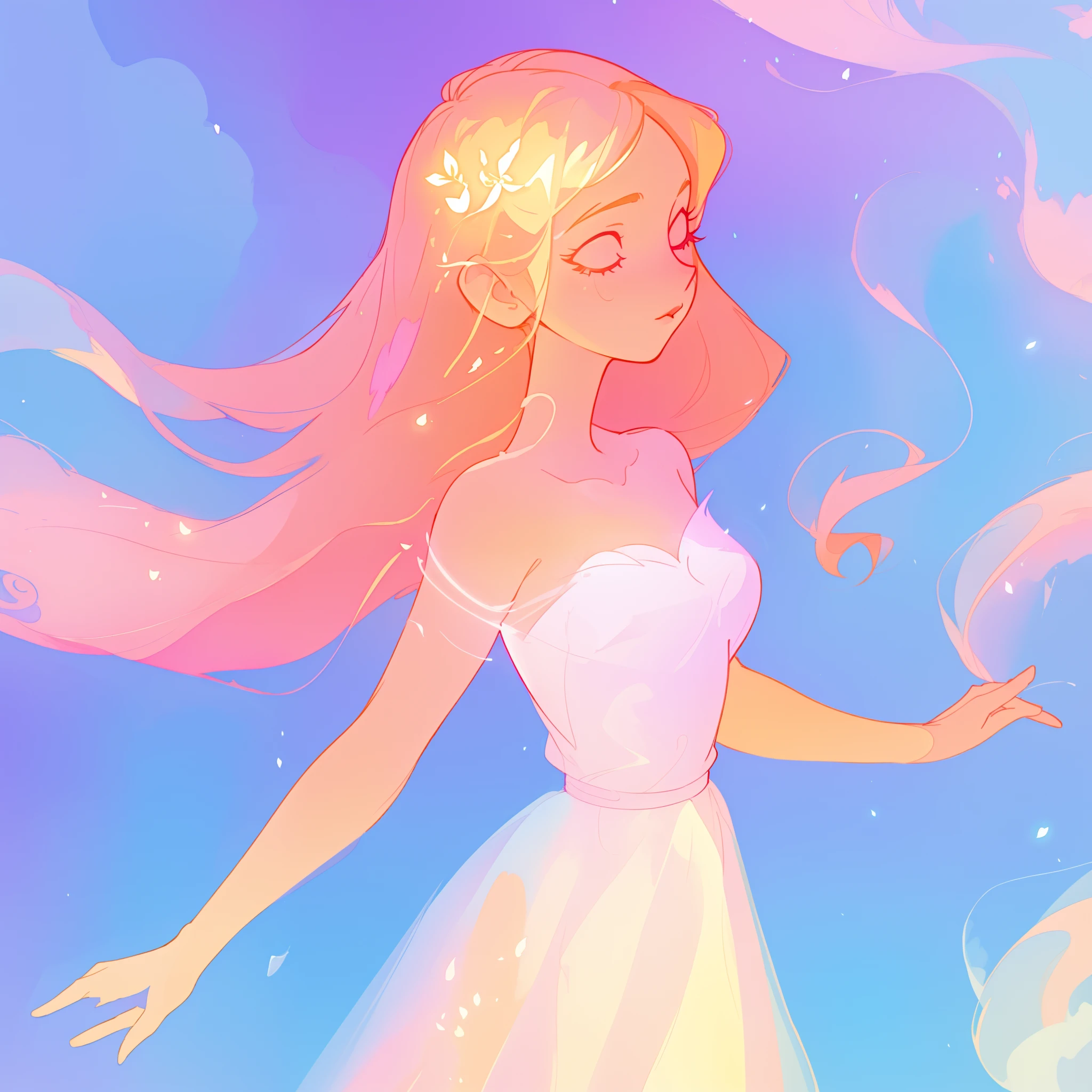 beautiful girl in pale pink dress, fairy dress, long peach and golden hair, watercolor illustration, inspired by Glen Keane, inspired by Lois van Baarle, disney art style, by Lois van Baarle, glowing aura around her, by Glen Keane, jen bartel, glowing lights! digital painting, flowing glowing hair, glowing flowing hair, beautiful digital illustration, fantasia otherworldly landscape plants flowers, beautiful, masterpiece, best quality, anime disney style