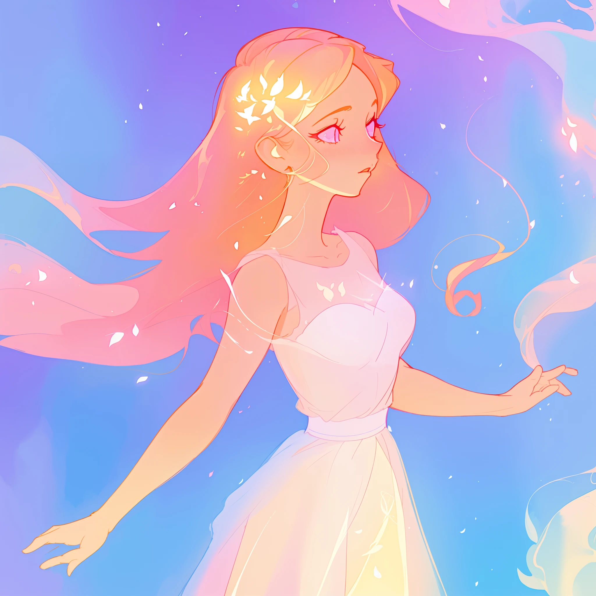 beautiful girl in pale pink dress, fairy dress, long peach and golden hair, watercolor illustration, inspired by Glen Keane, inspired by Lois van Baarle, disney art style, by Lois van Baarle, glowing aura around her, by Glen Keane, jen bartel, glowing lights! digital painting, flowing glowing hair, glowing flowing hair, beautiful digital illustration, fantasia otherworldly landscape plants flowers, beautiful, masterpiece, best quality, anime disney style