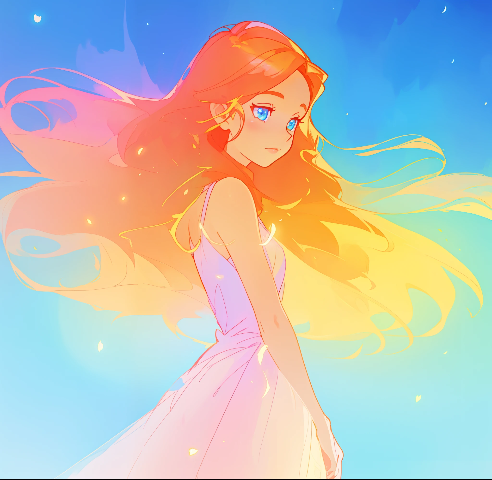 beautiful girl in white dress, fairy dress, long gold and red hair, watercolor illustration, inspired by Glen Keane, inspired by Lois van Baarle, disney art style, by Lois van Baarle, glowing aura around her, by Glen Keane, jen bartel, glowing lights! digital painting, flowing glowing hair, glowing flowing hair, beautiful digital illustration, fantasia otherworldly landscape plants flowers, beautiful, masterpiece, best quality, anime disney style