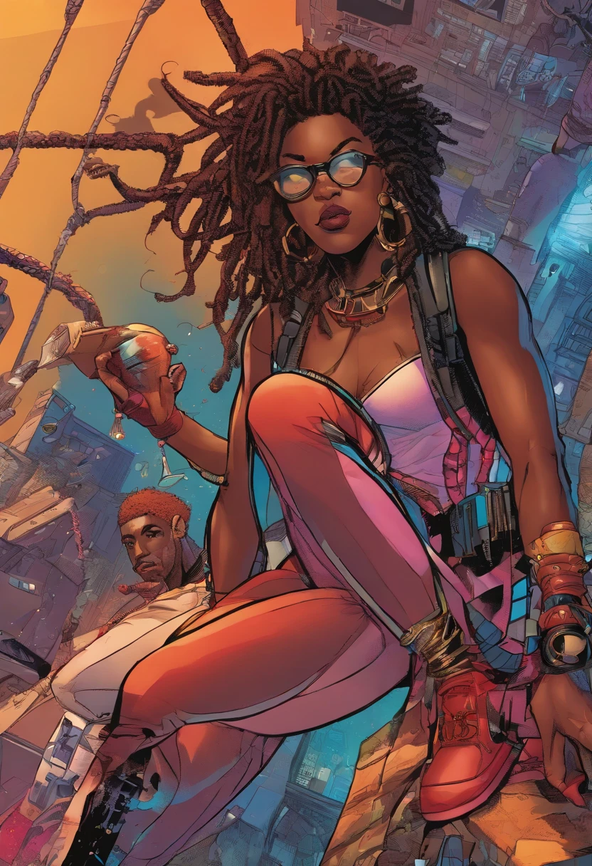 a close up of a person with dreadlocks and a cyberpunk costume, Miles Morales, ( ( Spider-Woman ) ), Miles Morales!!!, Spider Woman, dark-skinned, Nerdy Black Girl Super Hero, spiky black hair and dark skin, Chris Bachalo, Profile photo, Director: Ryan Stegman, dark skin, Spider-Woman!!!!!, Portrait of Willow Smith