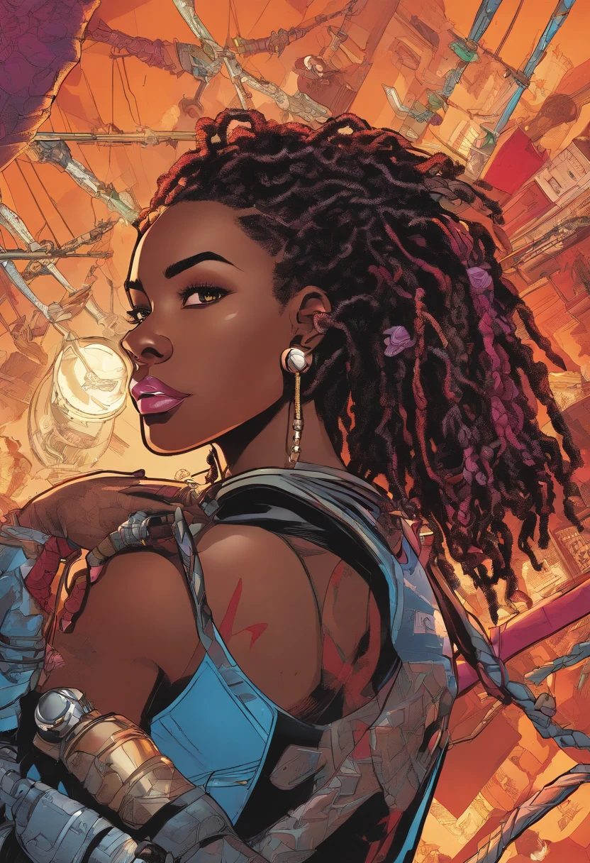 a close up of a person with dreadlocks and a cyberpunk costume, Miles Morales, ( ( Spider-Woman ) ), Miles Morales!!!, Spider Woman, dark-skinned, Nerdy Black Girl Super Hero, spiky black hair and dark skin, Chris Bachalo, Profile photo, Director: Ryan Stegman, dark skin, Spider-Woman!!!!!, Portrait of Willow Smith