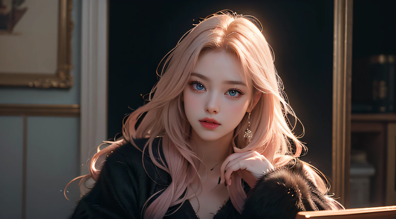 Top quality work Photorealistic works Ultra Premium Graphics,8K HD CG works,High-quality graphics,High-definition fine CG works,10x pixel,Ultra-fine details:1.1,Advanced technical details:1.1Photographically realistic Indoor lighting effects:1.5,Natural light:1.5. light effect(Virtual Light Effects:1.8),超A high resolution ,Transparent hair,High Detail Hair(Premium Hair Detail:1.1)Clear eyes,Good looking double eyelids,Sharp eye makeup, Delicate makeup for eyelashes, Thin eyebrows, ultradetailed eyes,High Nose, lovely red lips, Rose cheeks, Face with delicate makeup , Pretty Face, A perfectly proportioned face,(Advanced facial details:1.1), Women's Artwork,full-body view,Goddess of Dress,,amazing,Today's eyes are brightphotorealistic, high resolution, 1women, shining skin, solo, jewelry, pink lips, long white hair, blue eyes, closed mouth, hips up, black fur coat,