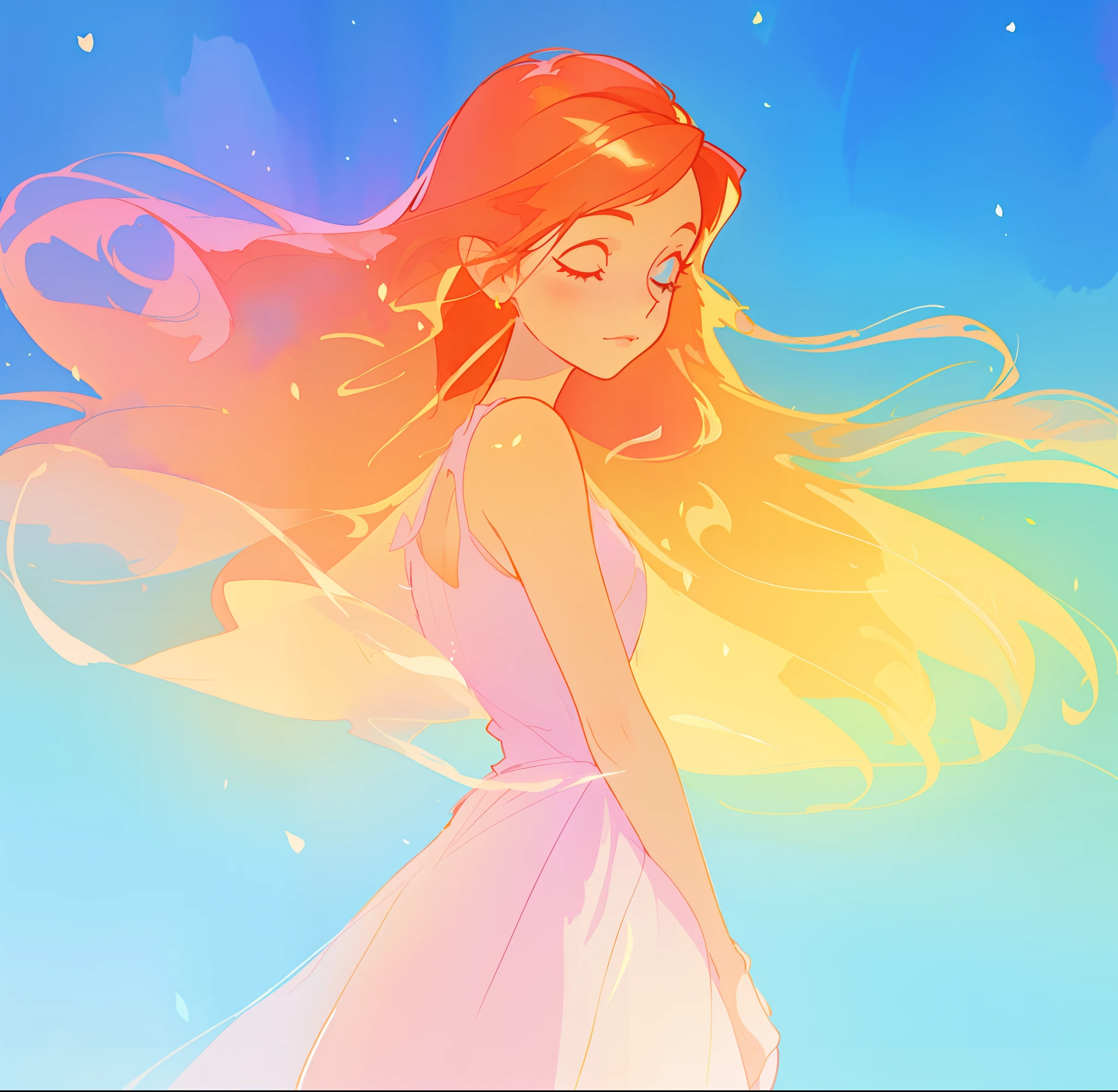 beautiful girl in white dress, fairy dress, long gold and red hair, watercolor illustration, inspired by Glen Keane, inspired by Lois van Baarle, disney art style, by Lois van Baarle, glowing aura around her, by Glen Keane, jen bartel, glowing lights! digital painting, flowing glowing hair, glowing flowing hair, beautiful digital illustration, fantasia otherworldly landscape plants flowers, beautiful, masterpiece, best quality, anime disney style