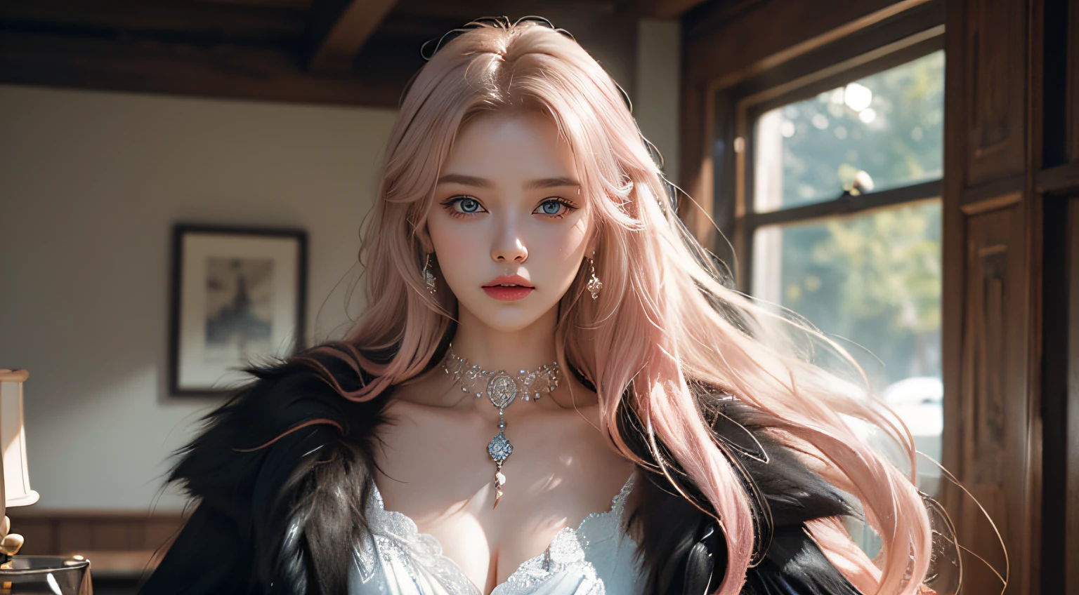 Top quality work Photorealistic works Ultra Premium Graphics,8K HD CG works,High-quality graphics,High-definition fine CG works,10x pixel,Ultra-fine details:1.1,Advanced technical details:1.1Photographically realistic Indoor lighting effects:1.5,Natural light:1.5. light effect(Virtual Light Effects:1.8),超A high resolution ,Transparent hair,High Detail Hair(Premium Hair Detail:1.1)Clear eyes,Good looking double eyelids,Sharp eye makeup, Delicate makeup for eyelashes, Thin eyebrows, ultradetailed eyes,High Nose, lovely red lips, Rose cheeks, Face with delicate makeup , Pretty Face, A perfectly proportioned face,(Advanced facial details:1.1), Women's Artwork,full-body view,Goddess of Dress,,amazing,Today's eyes are brightphotorealistic, high resolution, 1women, shining skin, solo, jewelry, pink lips, long white hair, blue eyes, closed mouth, hips up, black fur coat,