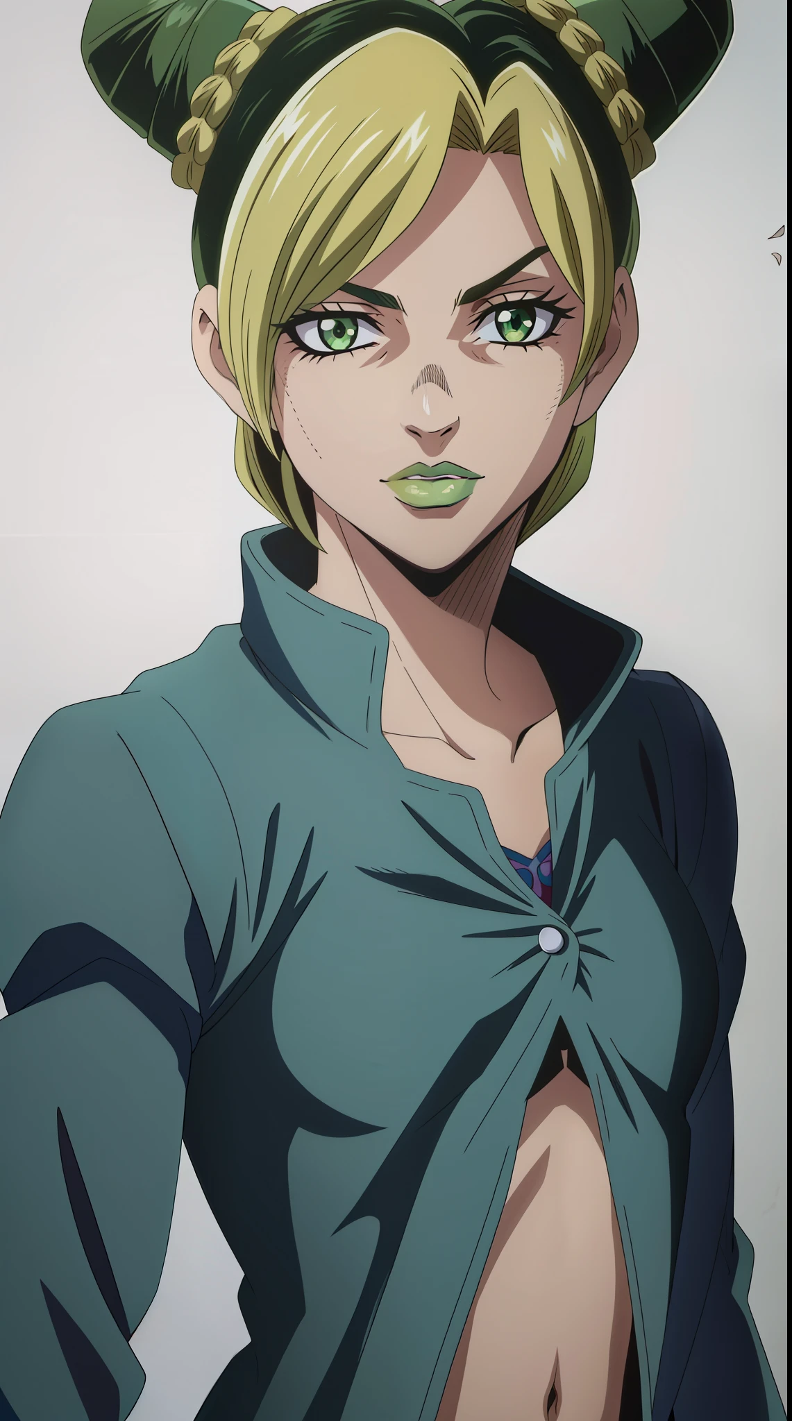 1girl, solo, jolyne, green eyes, lips, closed mouth, looking at viewer, halterneck, jacket, simple background, upper body, short hair (Jolyine kujo)