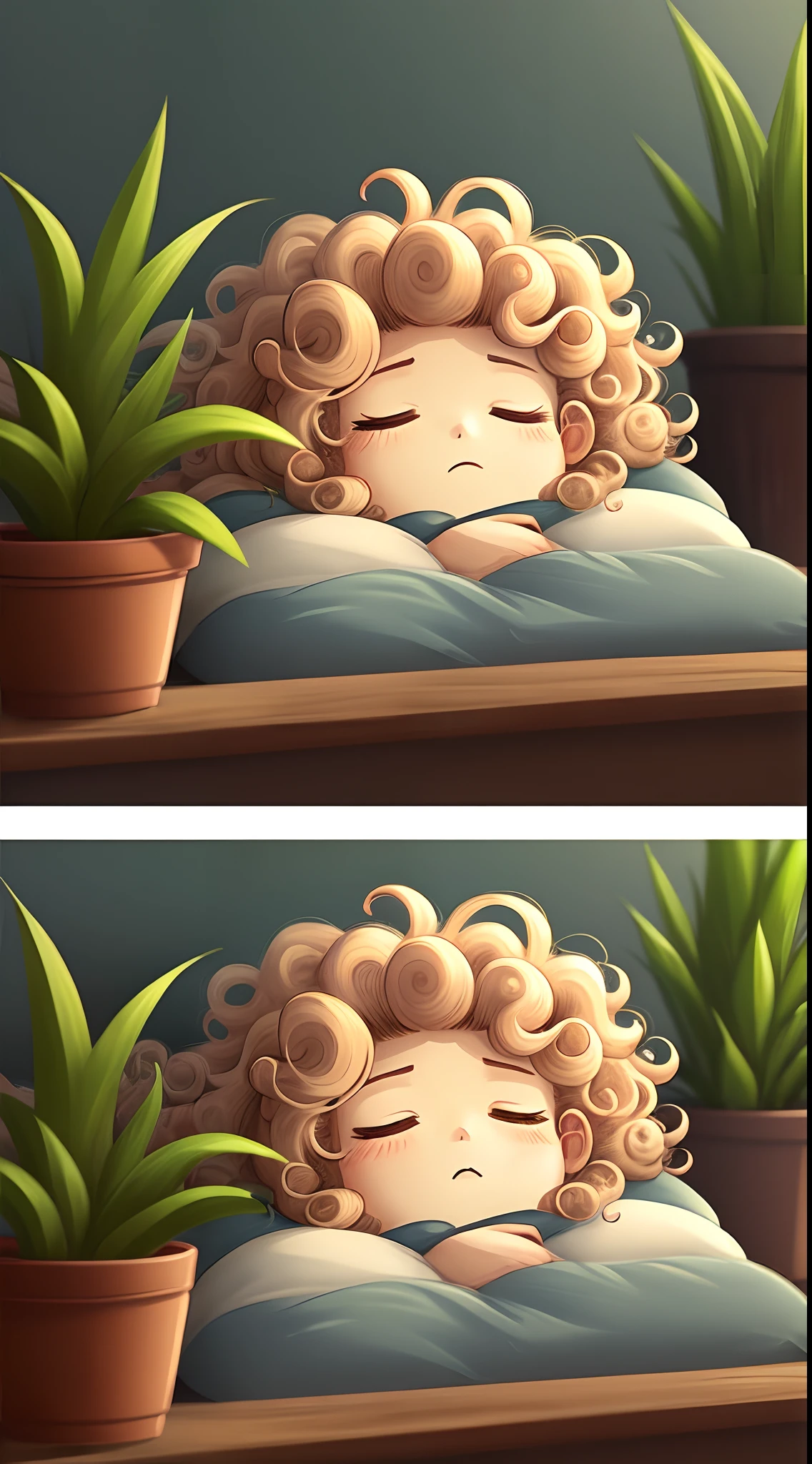 Plant Cafes Sleep Man Curly Hair Cartoon