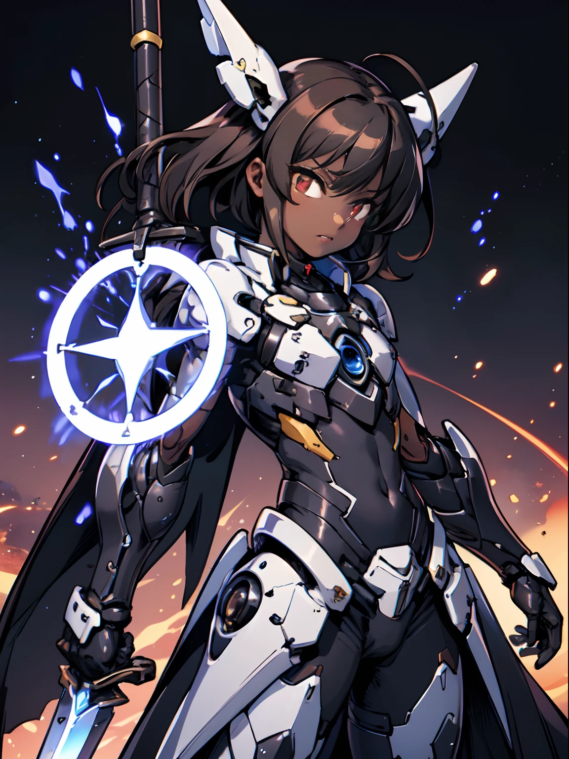 Masterpiece, highres, Honkai impact 3, herrscher sirin, dark skin, medium hair, dark brown hair, shota, (flat chest), orange eyes, long black and blue magical girl exosuit clothing, bodysuit, long black trenchcoat, black mecha armour attachment, purple energy, magic circle, close up, dramatic shot, Wielding a black mecha sword,magical girl lyrical nanoha, xennoblade chronicles,