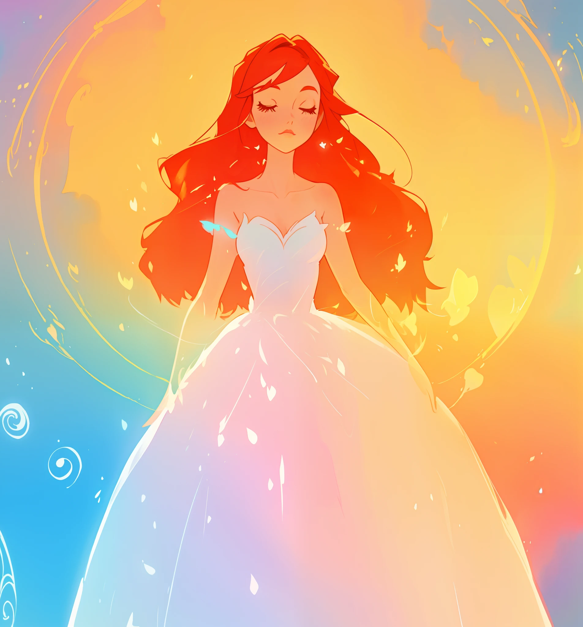 beautiful girl in white puffy ballgown dress, fairy dress, long red hair, watercolor illustration, inspired by Glen Keane, inspired by Lois van Baarle, disney art style, by Lois van Baarle, glowing aura around her, by Glen Keane, jen bartel, glowing lights! digital painting, flowing glowing hair, glowing flowing hair, beautiful digital illustration, fantasia otherworldly landscape plants flowers, beautiful, masterpiece, best quality, anime disney style