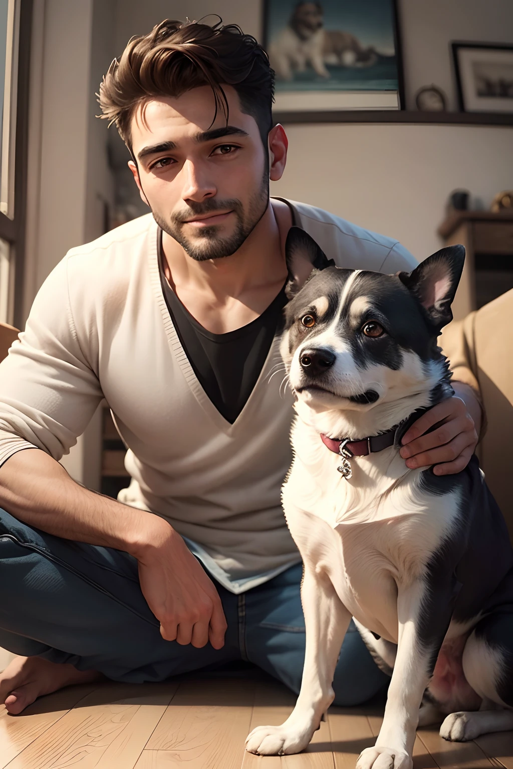 A photo of a man who loves his dogs looking at the camera, todos muito felizes