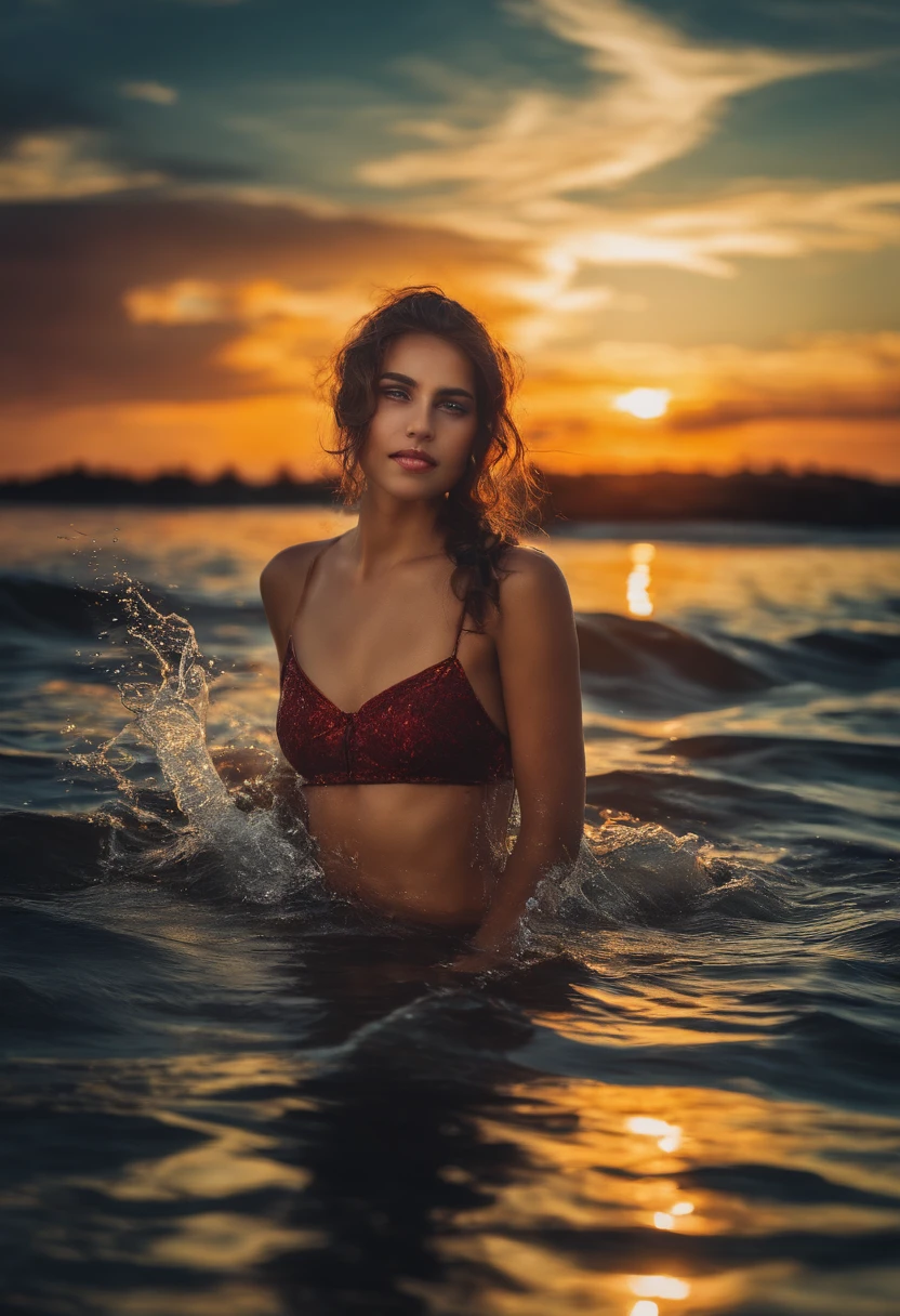 Young girl in the middle of the water, sorriso, demonic gaze, beautiful sky