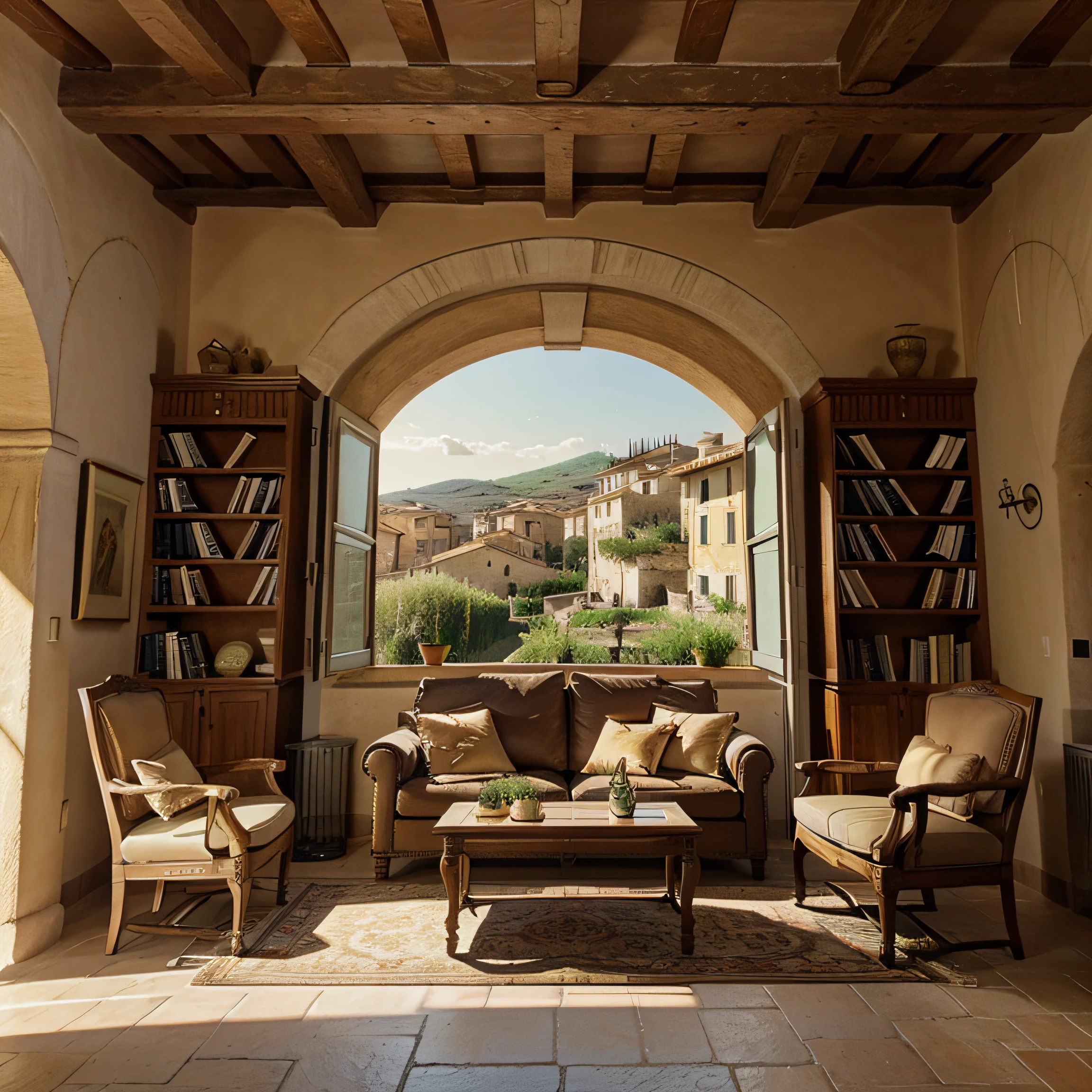 Photo of a cozy Tuscan apartment living room adorned with chic furniture, wall paintings, and bookshelves. The balcony provides a breathtaking view of a Tuscan village nestled by a stream, all bathed under the summer sun's glow.