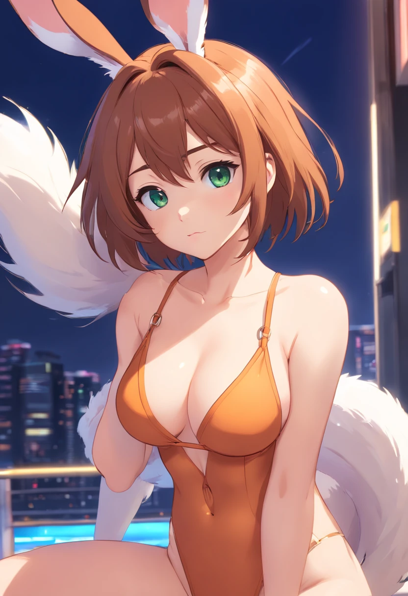 Beautiful Girl, Woman, Solo, y body, (Cute:1.3), (([wild card/hair_Color_Colored], [wild card/Hair-female-short], [bunnysuit])), Realistic, (Cute), (Detailed face), Detailed eyes, Detailed iris, Cameltoe,