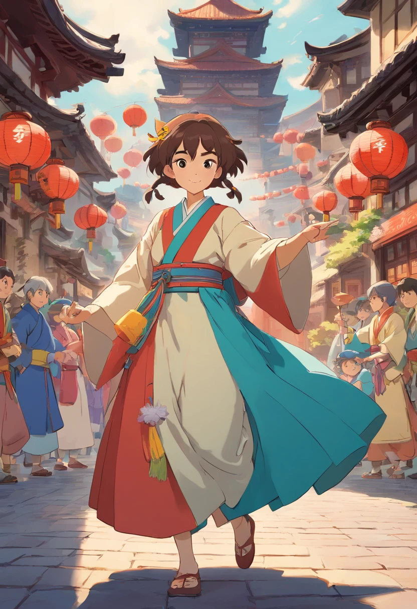 In the square,There are some men and women dressed in Zhuang costumes(Cheers)