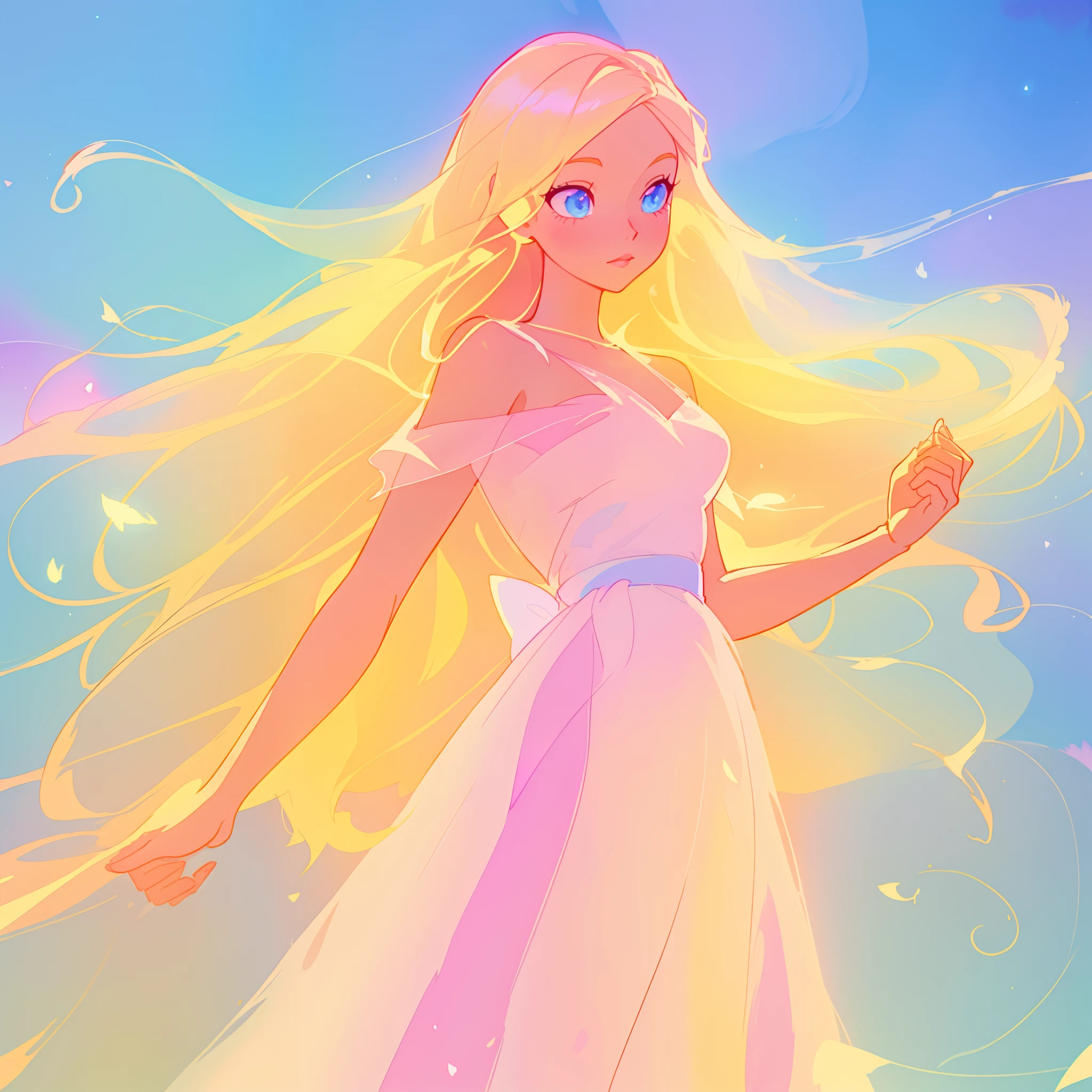beautiful girl in pink and white dress, fairy dress, long golden hair, watercolor illustration, inspired by Glen Keane, inspired by Lois van Baarle, disney art style, by Lois van Baarle, glowing aura around her, by Glen Keane, jen bartel, glowing lights! digital painting, flowing glowing hair, glowing flowing hair, beautiful digital illustration, fantasia otherworldly landscape plants flowers, beautiful, masterpiece, best quality, anime disney style