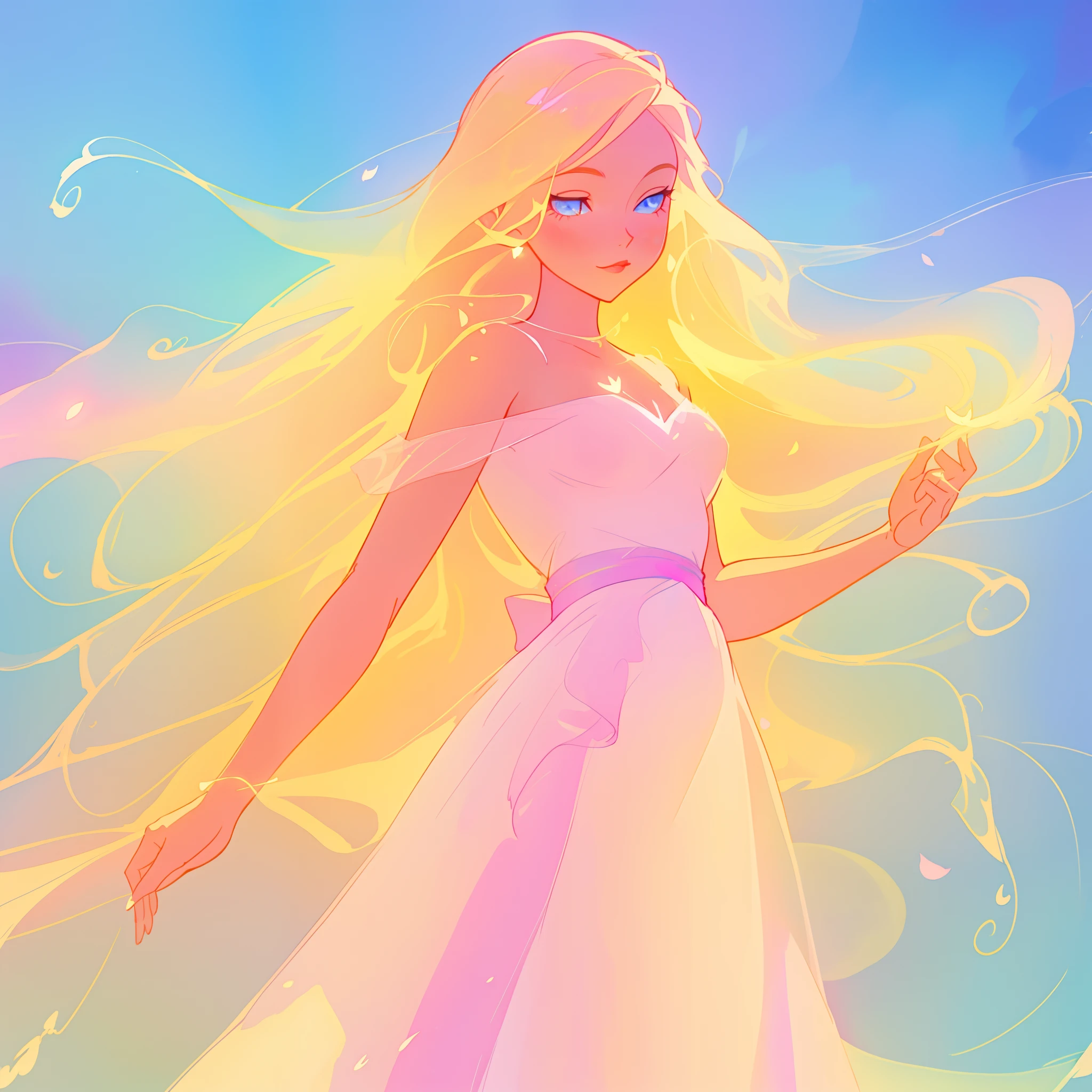 beautiful girl in pink and white dress, fairy dress, long golden hair, watercolor illustration, inspired by Glen Keane, inspired by Lois van Baarle, disney art style, by Lois van Baarle, glowing aura around her, by Glen Keane, jen bartel, glowing lights! digital painting, flowing glowing hair, glowing flowing hair, beautiful digital illustration, fantasia otherworldly landscape plants flowers, beautiful, masterpiece, best quality, anime disney style