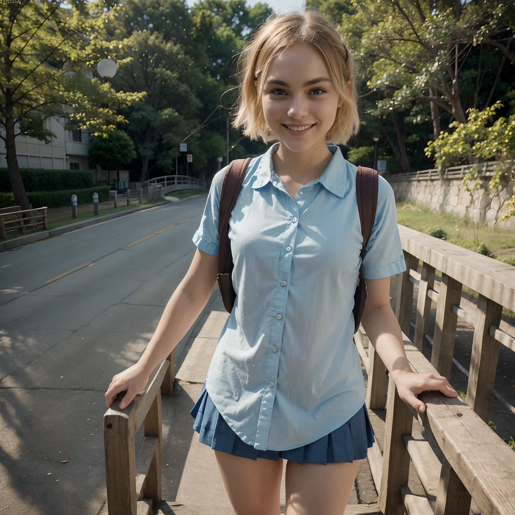 (photorealistic) A girl with blonde hair and a blue shirt, wearing striped arm warmers, smiling. She resembles Annasophia Robb with her short hair. The scene is set on a bridge, reminiscent of the movie "Bridge to Terabithia". The girl is a ager and is shown in full-body shot, wearing a Japanese school uniform. The lighting is soft and natural, enhancing the realism of the image. The colors are vivid and vibrant, adding to the overall appeal of the artwork, detailed face.