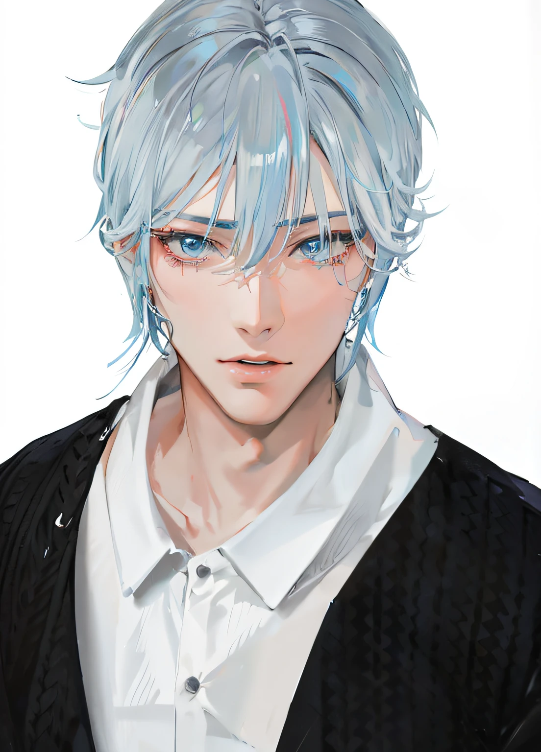 Anime boy with blue hair and white shirt and black jacket - SeaArt AI