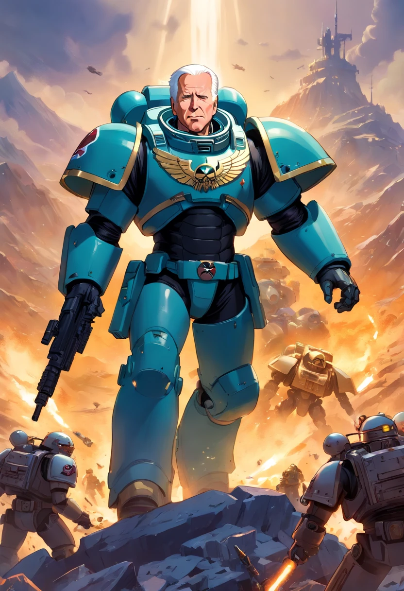 Joe biden as a 40k space marine,warhammer 40k era,high quality,blurred background,standing on a mountain of skulls