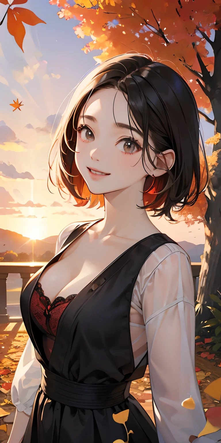 realisticlying、 female child、Outdoohion、Gingko tree、Beautiful autumn leaves、Slightly larger breasts with an emphasis on cleavage、Versatile sexy poses、The sky turns red at sunset、Face smile