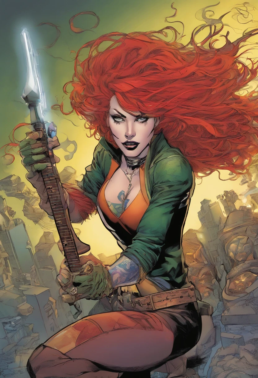 Marvel Comics Panel, a man with red hair tattoos and piercings holding a guitar, in style of heavy metal comic, androgynous vampire, attractive androgynous humanoid, androgynous person, androgynous, androgynous face, carmilla vampire, androgyny, with long hair and piercing eyes, artgasm, androgynous male, johnny silverhand, marc silvestri, cartoon artwork, comic art cover, comic character