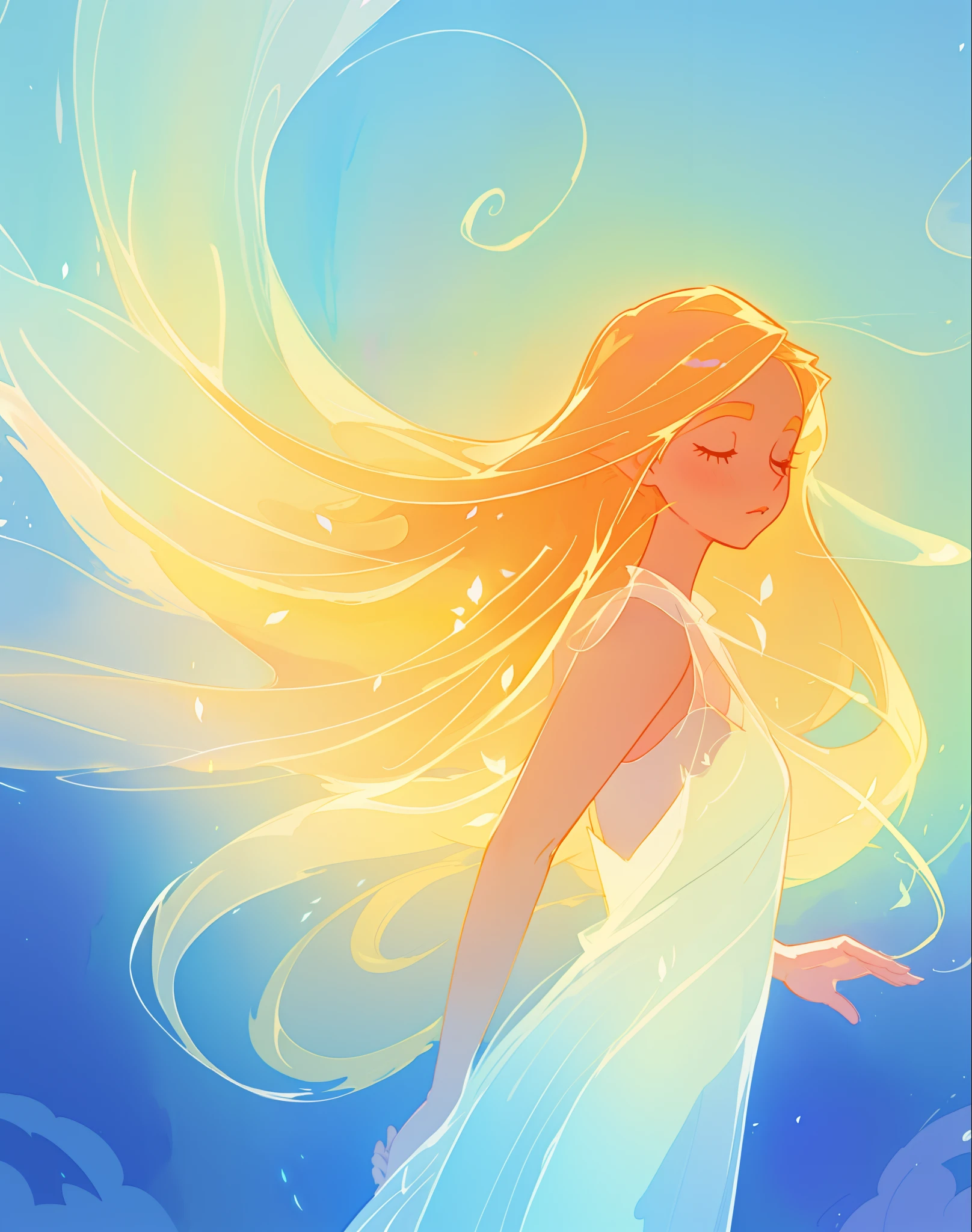 beautiful girl in white dress, fairy dress, long golden hair, watercolor illustration, inspired by Glen Keane, inspired by Lois van Baarle, disney art style, by Lois van Baarle, glowing aura around her, by Glen Keane, jen bartel, glowing lights! digital painting, flowing glowing hair, glowing flowing hair, beautiful digital illustration, fantasia otherworldly landscape plants flowers, beautiful, masterpiece, best quality, anime disney style
