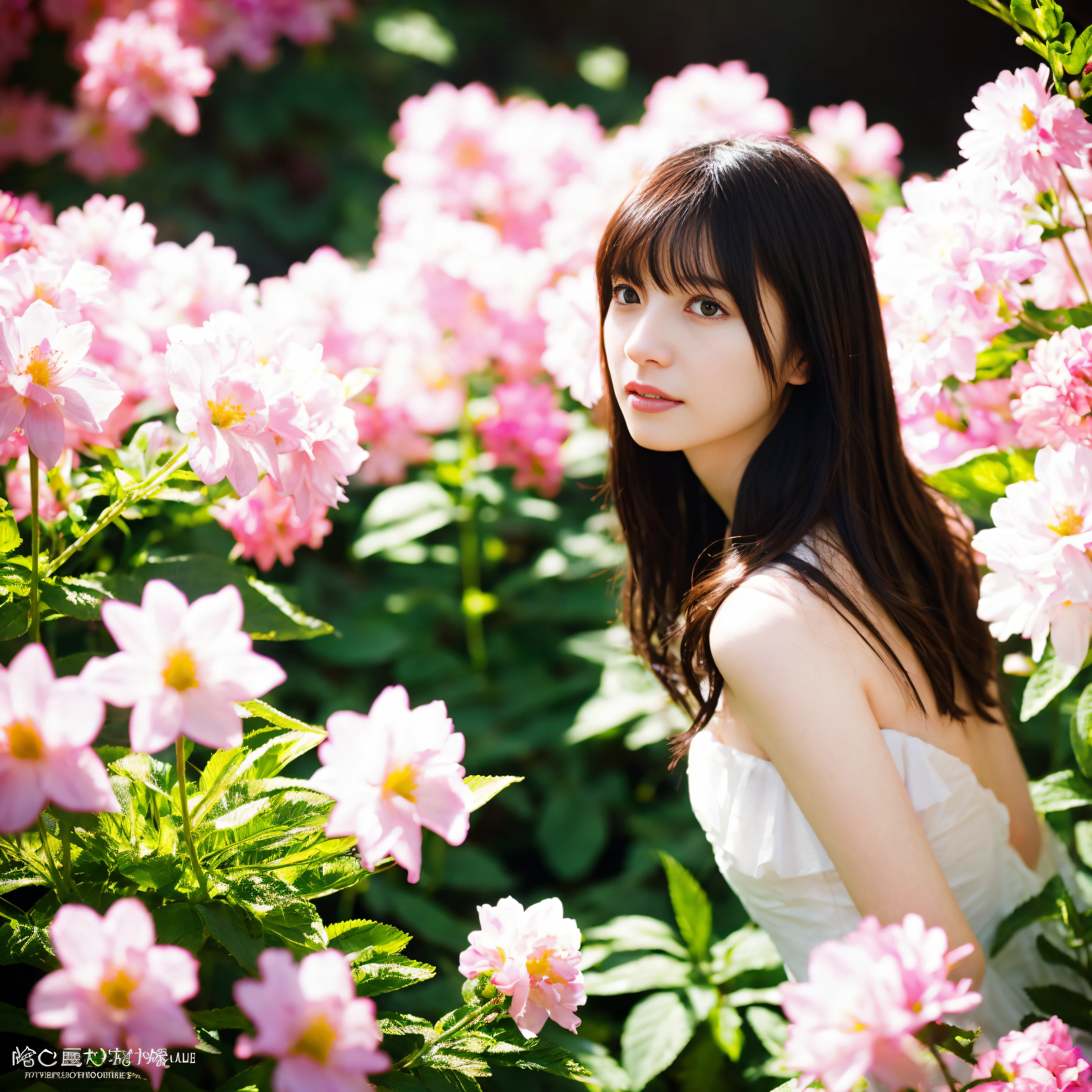 (Photorealsitic:1.1)、42-year-old woman、fullnude、lensflare、natural soft light、back lighting、A dark-haired、Buried in blooming flowers