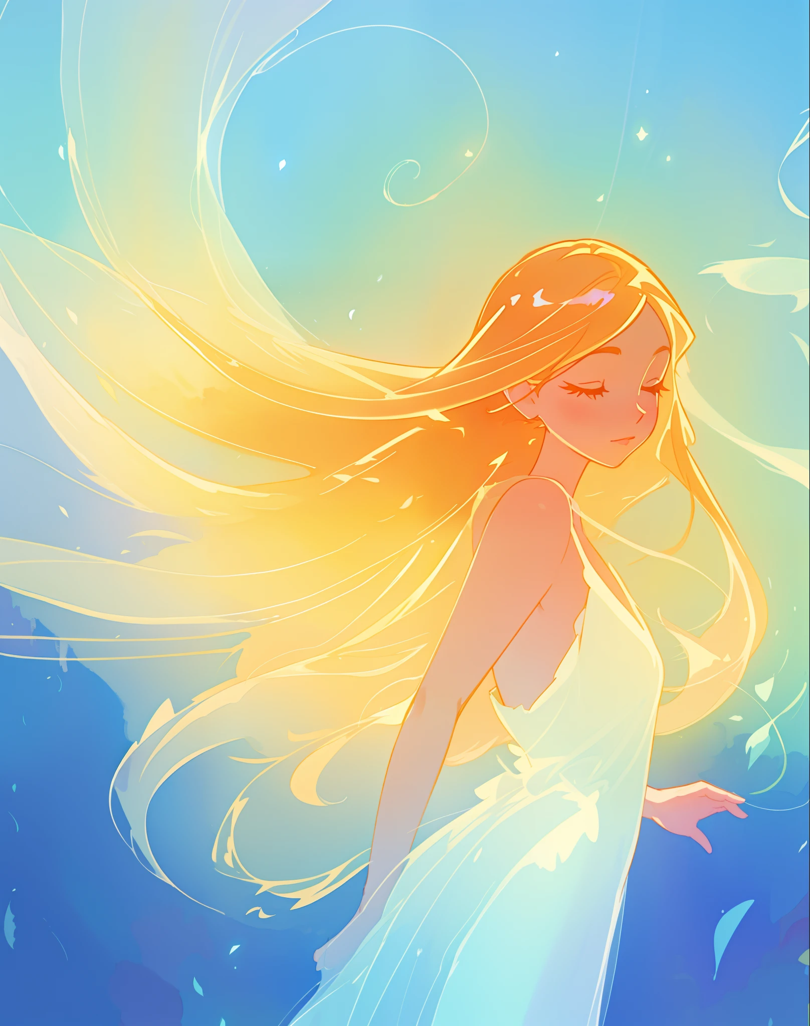 beautiful girl in white dress, fairy dress, long golden hair, watercolor illustration, inspired by Glen Keane, inspired by Lois van Baarle, disney art style, by Lois van Baarle, glowing aura around her, by Glen Keane, jen bartel, glowing lights! digital painting, flowing glowing hair, glowing flowing hair, beautiful digital illustration, fantasia otherworldly landscape plants flowers, beautiful, masterpiece, best quality, anime disney style