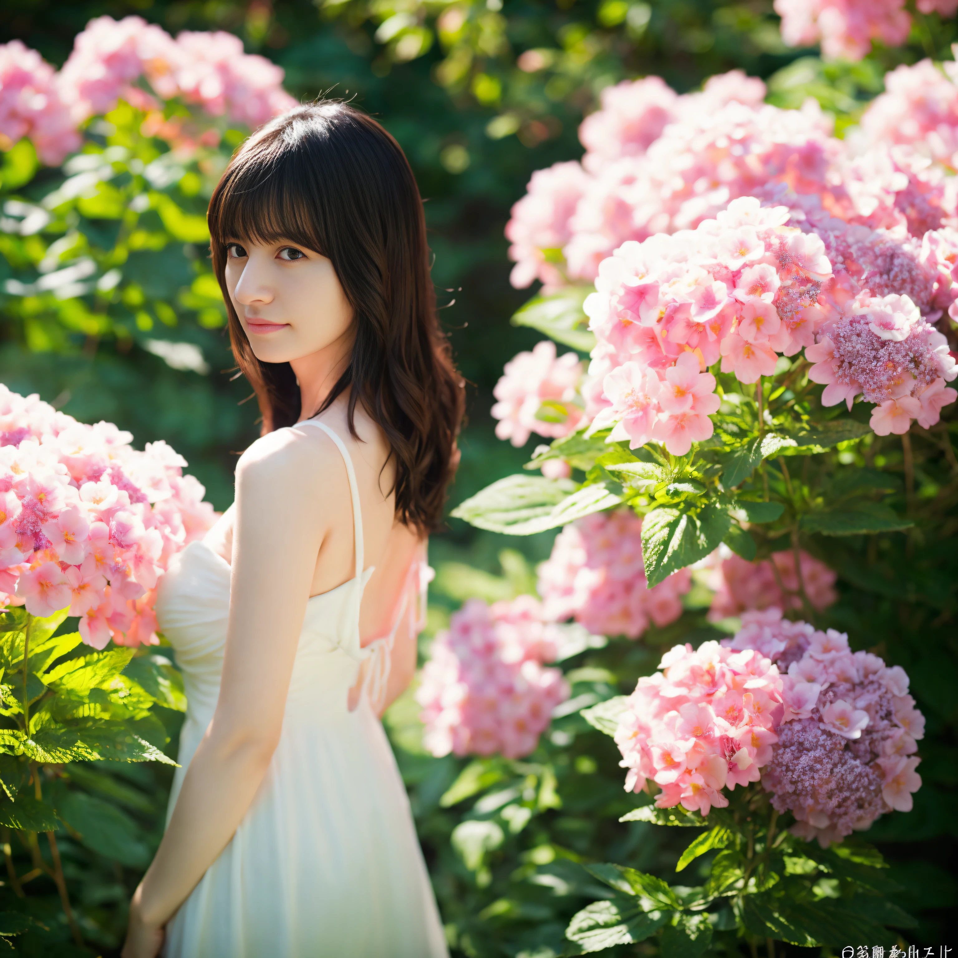 (Photorealsitic:1.1)、42-year-old woman、fullnude、lensflare、natural soft light、back lighting、A dark-haired、Buried in blooming flowers