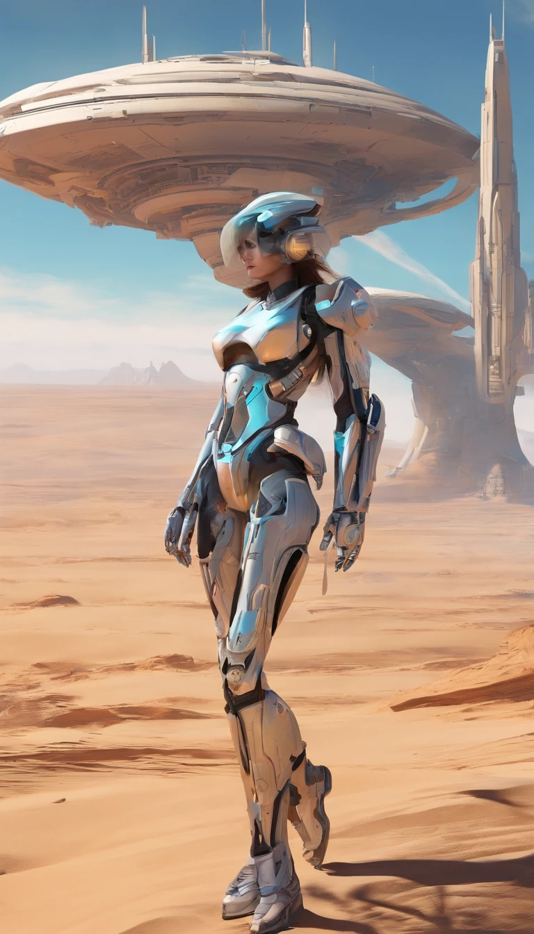 ((Best Quality)), ((Masterpiece)), ((Realistic)), ((Best Quality)), ((Masterpiece)), ((Realistic)), Robot girl walking in the desert, looking tired, Wearing loose-fitting clothing Long-sleeved shirts and pants, headdress, Sunglasses, very extremely beautiful, in a natural and casual style at eye level, painterly, Masterpiece, (hight resolution), Original, extremely detailed 8K , (Photorealistic:1.4),flawless face, Perfect eyes,symmetrical body shape,Smile,