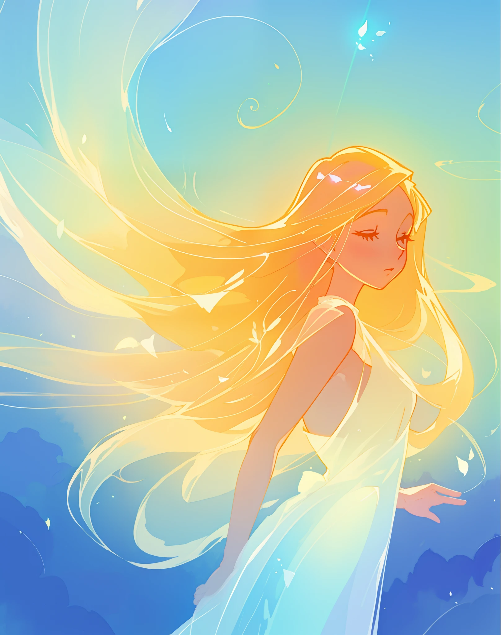 beautiful girl in white dress, fairy dress, long golden hair, watercolor illustration, inspired by Glen Keane, inspired by Lois van Baarle, disney art style, by Lois van Baarle, glowing aura around her, by Glen Keane, jen bartel, glowing lights! digital painting, flowing glowing hair, glowing flowing hair, beautiful digital illustration, fantasia otherworldly landscape plants flowers, beautiful, masterpiece, best quality, anime disney style