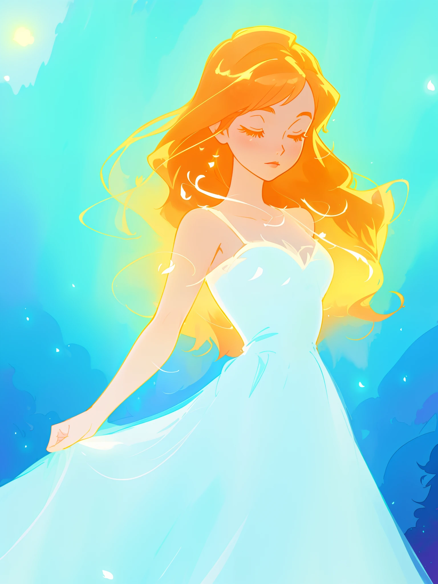beautiful girl in white dress, fairy dress, long wavy golden red hair, watercolor illustration, inspired by Glen Keane, inspired by Lois van Baarle, disney art style, by Lois van Baarle, glowing aura around her, by Glen Keane, jen bartel, glowing lights! digital painting, flowing glowing hair, glowing flowing hair, beautiful digital illustration, fantasia otherworldly landscape plants flowers, beautiful, masterpiece, best quality, anime disney style