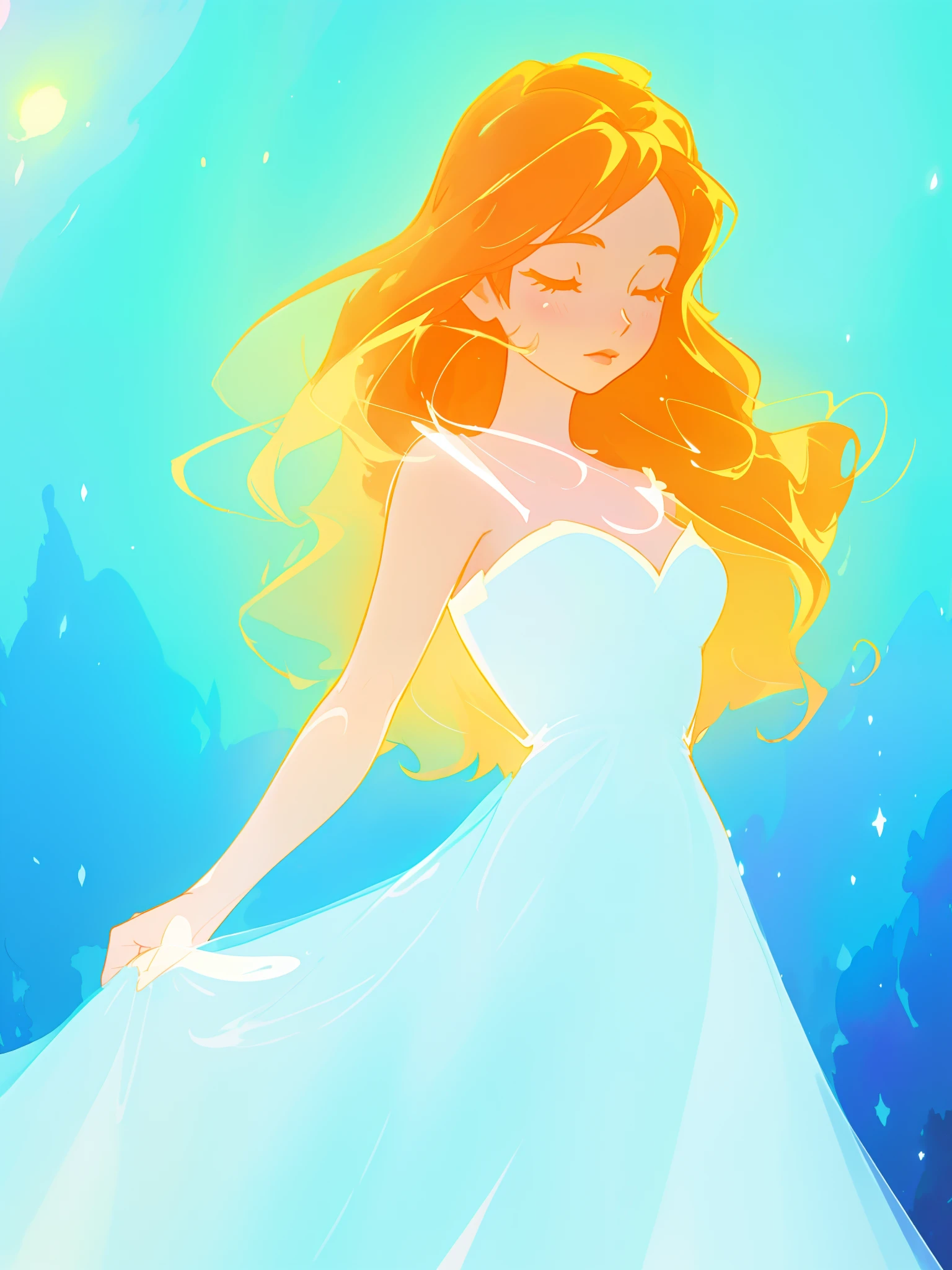 beautiful girl in white dress, fairy dress, long wavy golden red hair, watercolor illustration, inspired by Glen Keane, inspired by Lois van Baarle, disney art style, by Lois van Baarle, glowing aura around her, by Glen Keane, jen bartel, glowing lights! digital painting, flowing glowing hair, glowing flowing hair, beautiful digital illustration, fantasia otherworldly landscape plants flowers, beautiful, masterpiece, best quality, anime disney style