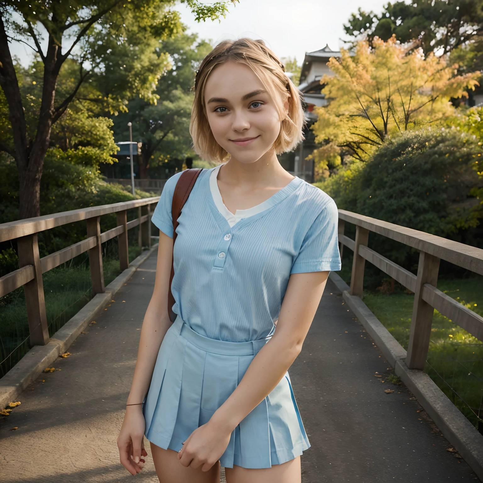 (photorealistic) A girl with blonde hair and a blue shirt, wearing striped arm warmers, smiling. She resembles ((Annasophia Robb)) with her short hair. The scene is set on a bridge, reminiscent of the movie "Bridge to Terabithia". The girl is a ager and is shown in full-body shot, wearing a Japanese school uniform. The lighting is soft and natural, enhancing the realism of the image. The colors are vivid and vibrant, adding to the overall appeal of the artwork.