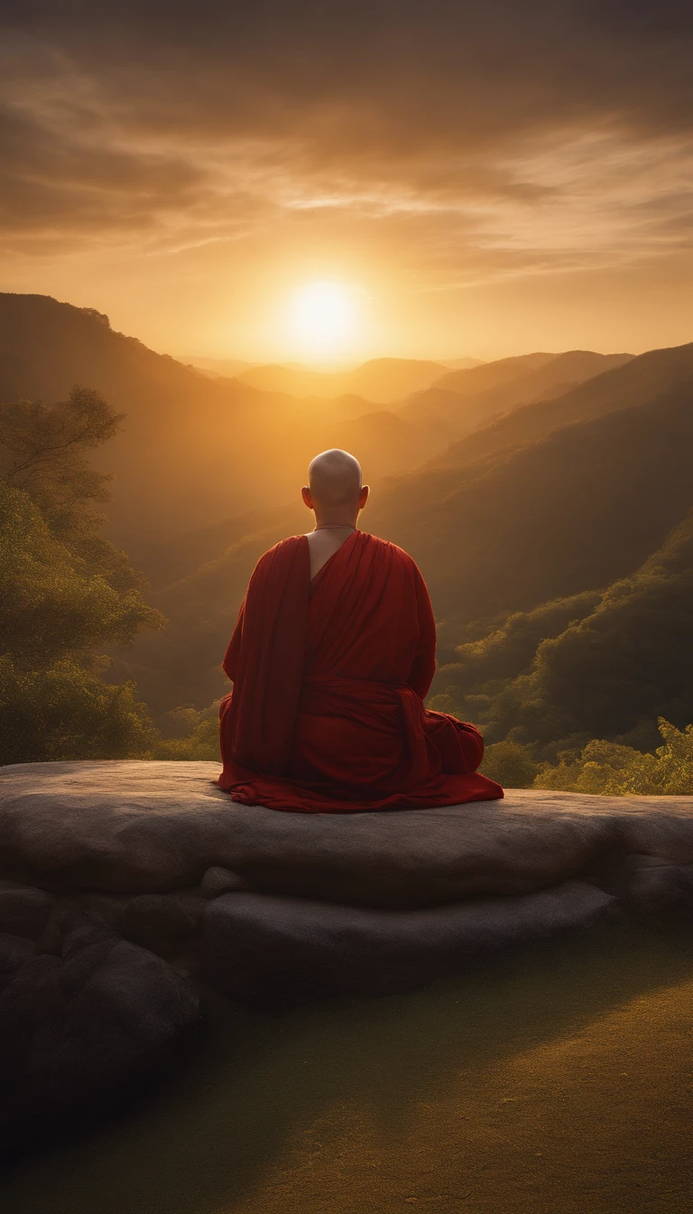 Mature monk sitting in meditation position, contemplando um horizonte lindo com o sol se pondo, Man is in deep connection with the divine, The landscape is ultra detailed, homem ultra realista, tudo bem detalhado e lindo, ultra qualidade. Realismo 8K