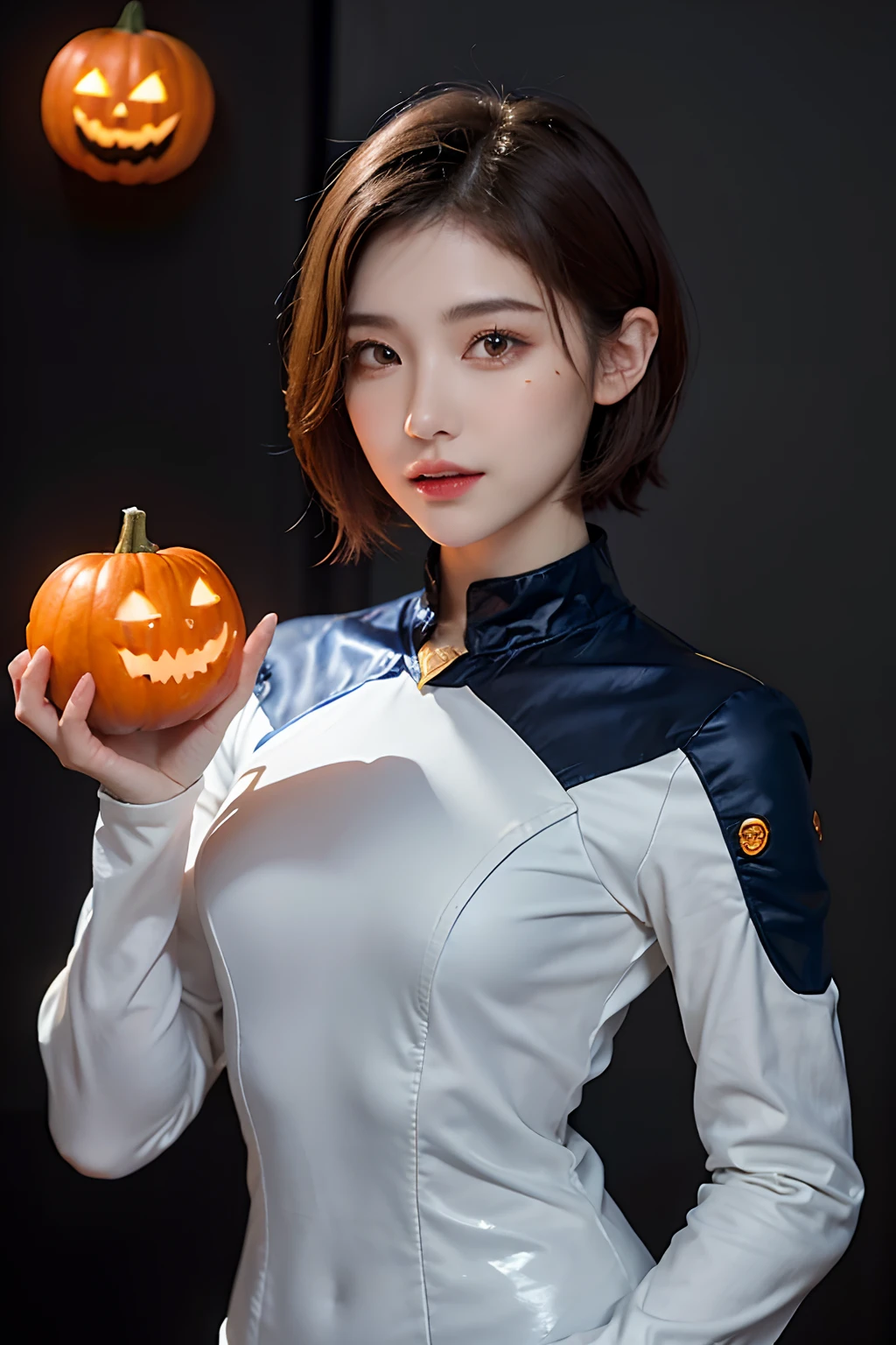 top-quality、masterpiece、超A high resolution、(realisitic:1.4)、Beautuful Women1、Beautiful detail eyes and skin、ssmile、Light brown short-cut hair、The perfect spacesuit、spaceships、cosmic space、pumpkins、the bats、Halloween、