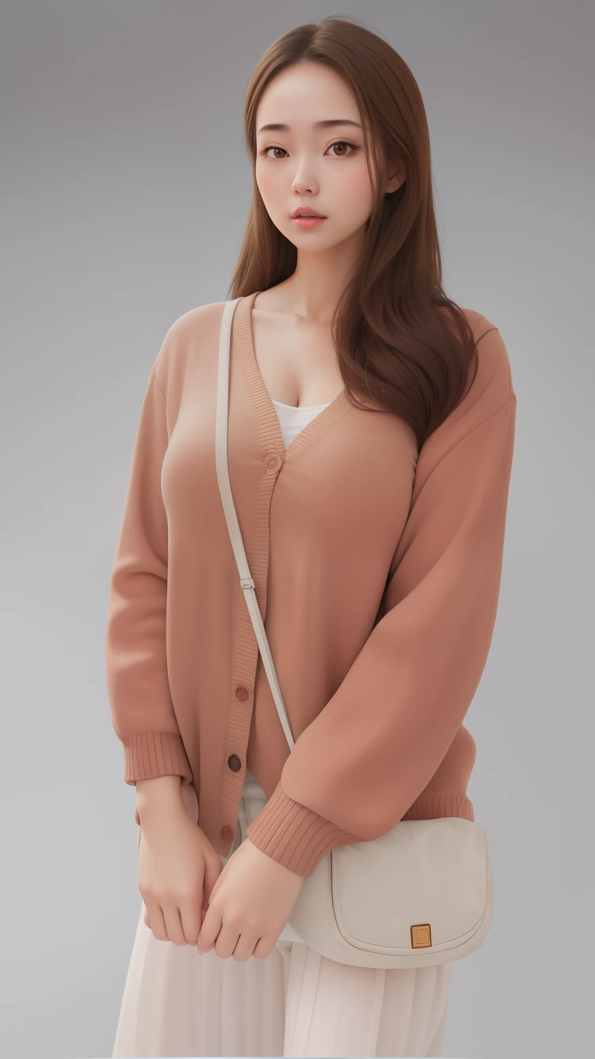 (best quality), big head, (1girl with gigantic breasts:1.3) Korean , Cardigan , Slingback , Loro Piana Brand , Casual Old Money , brown Hair , Brown Straight hair , Big Breast , Sexy , Casual Elegant Women , White Pale Skintone , UHD , 8K