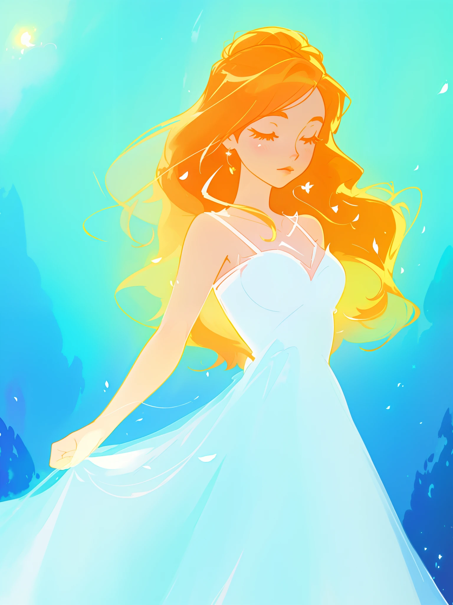 beautiful girl in white dress, fairy dress, long wavy golden red hair, watercolor illustration, inspired by Glen Keane, inspired by Lois van Baarle, disney art style, by Lois van Baarle, glowing aura around her, by Glen Keane, jen bartel, glowing lights! digital painting, flowing glowing hair, glowing flowing hair, beautiful digital illustration, fantasia otherworldly landscape plants flowers, beautiful, masterpiece, best quality, anime disney style