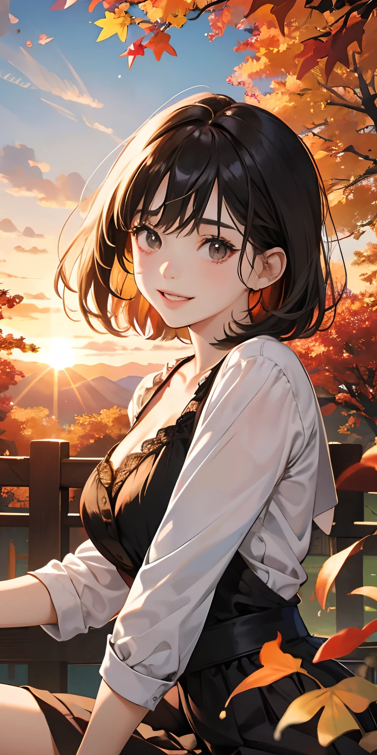 realisticlying、 female child、Outdoohion、Gingko tree、Beautiful autumn leaves、Slightly larger breasts with an emphasis on cleavage、Versatile sexy poses、The sky turns red at sunset、Face smile