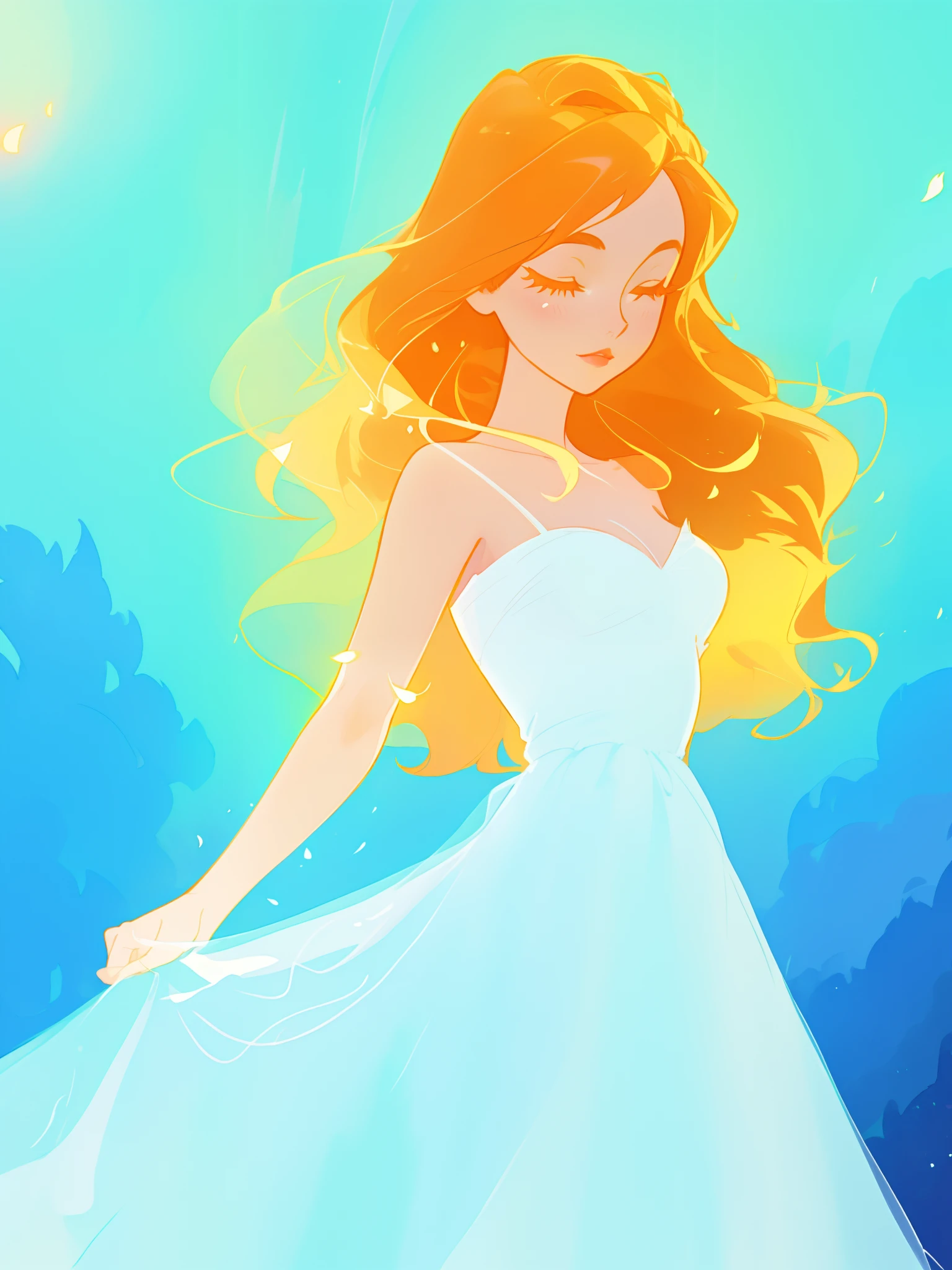 beautiful girl in white dress, fairy dress, long wavy golden red hair, watercolor illustration, inspired by Glen Keane, inspired by Lois van Baarle, disney art style, by Lois van Baarle, glowing aura around her, by Glen Keane, jen bartel, glowing lights! digital painting, flowing glowing hair, glowing flowing hair, beautiful digital illustration, fantasia otherworldly landscape plants flowers, beautiful, masterpiece, best quality, anime disney style
