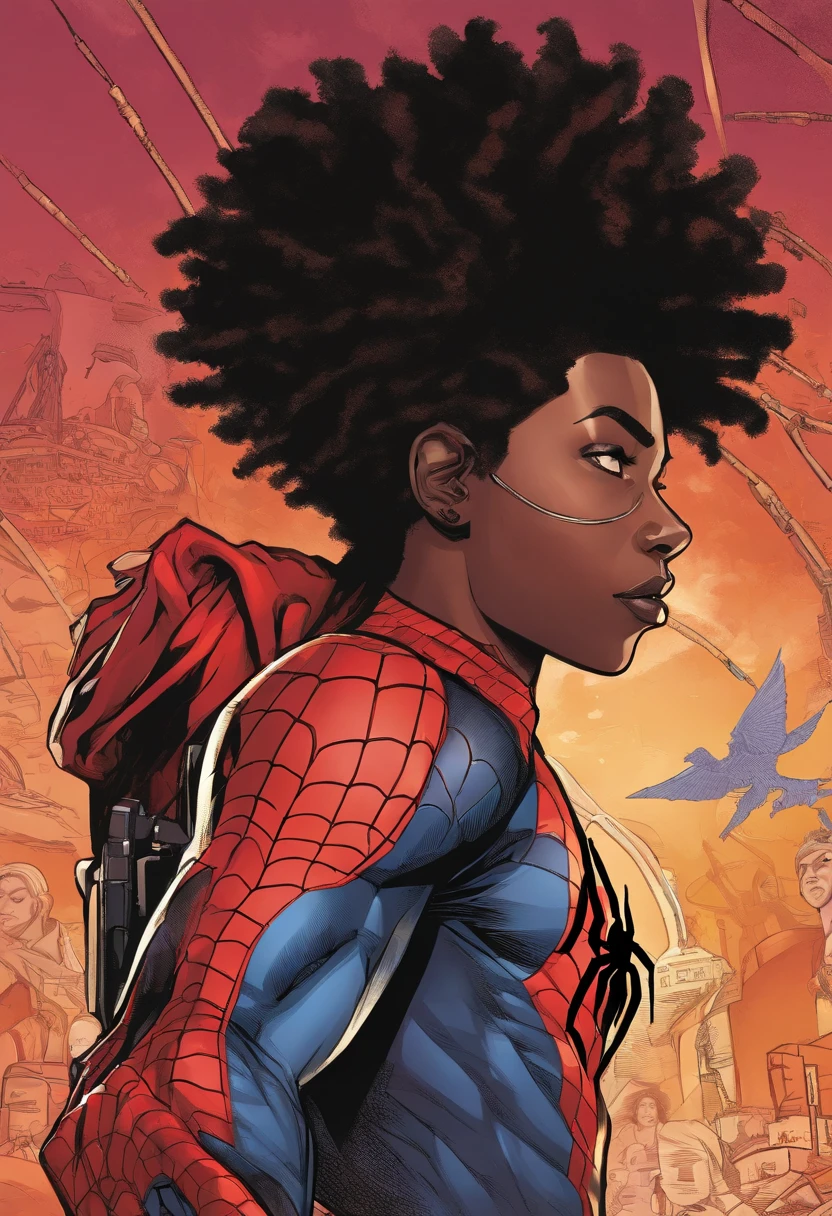 a close up of a person with dreadlocks and a cyberpunk costume, Miles Morales, ( ( Spider-Man ) ), Miles Morales!!!, Spider Man, dark-skinned, Nerdy Black Boy Super Hero, spiky black hair and dark skin, Chris Bachalo, Profile photo, Director: Ryan Stegman, dark skin, Spider-Man!!!!!, Portrait of Willow Smith