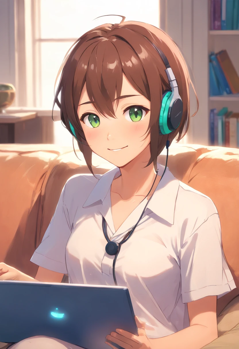 (masterpiece、top-quality:1.2)、High school students、man、Wearing headphones around your neck、Facing diagonally forward、Viewer's Perspective、牙、a smile、Holding a laptop in your right hand、Simple backgrounds、background green、sitting in the couch, White buttoned shirt, Looking at Viewer, High quality, Best Quality, Bleach Anime Style