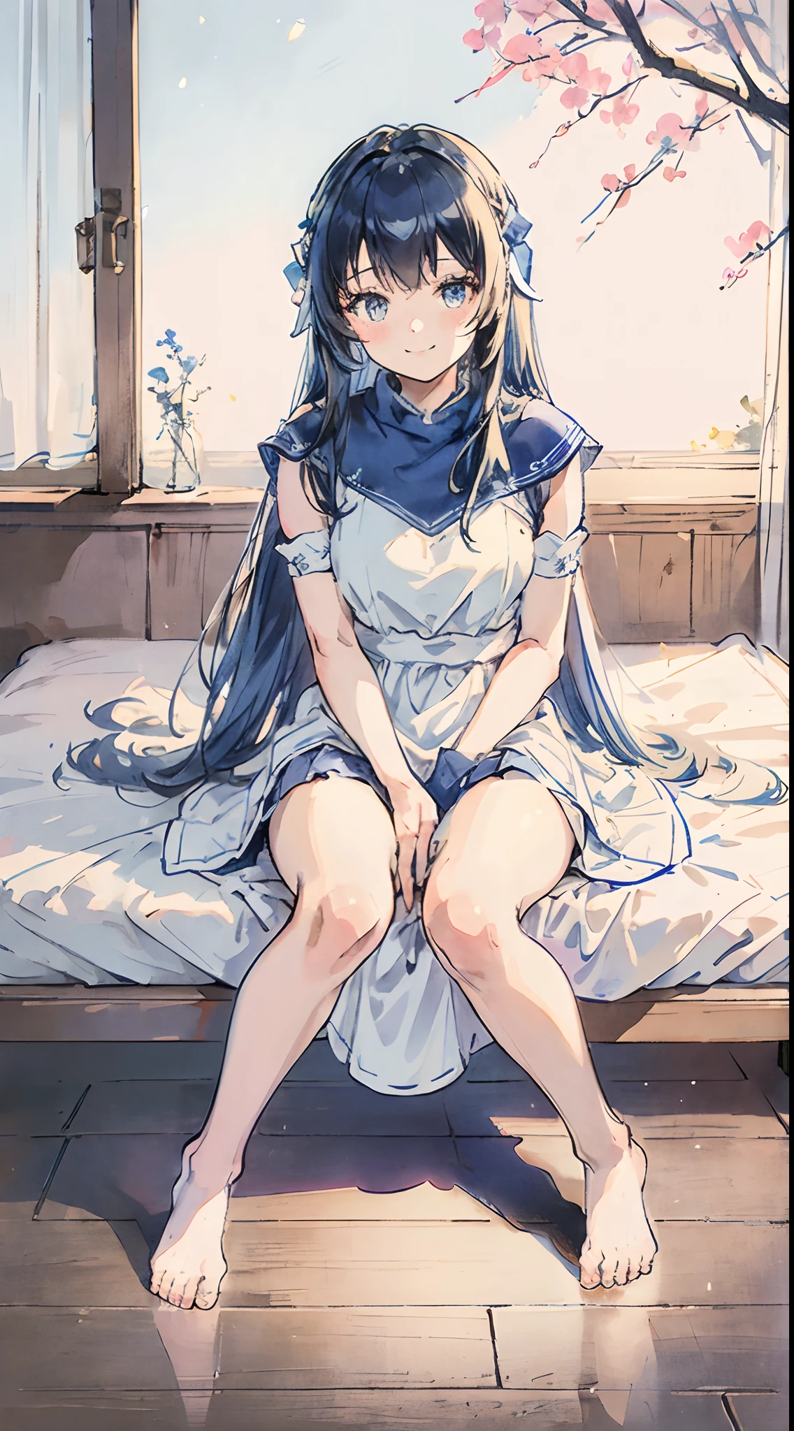 Best Quality, masutepiece, 1girl in, Solo, ferry, long hair of blue blue,White Dress, Blue skirt, gloves, Bedrooms, bed, wood floor, Sitting, sitting on a bed, From below, Hands on legs, Smile, Soft lighting, Full body,