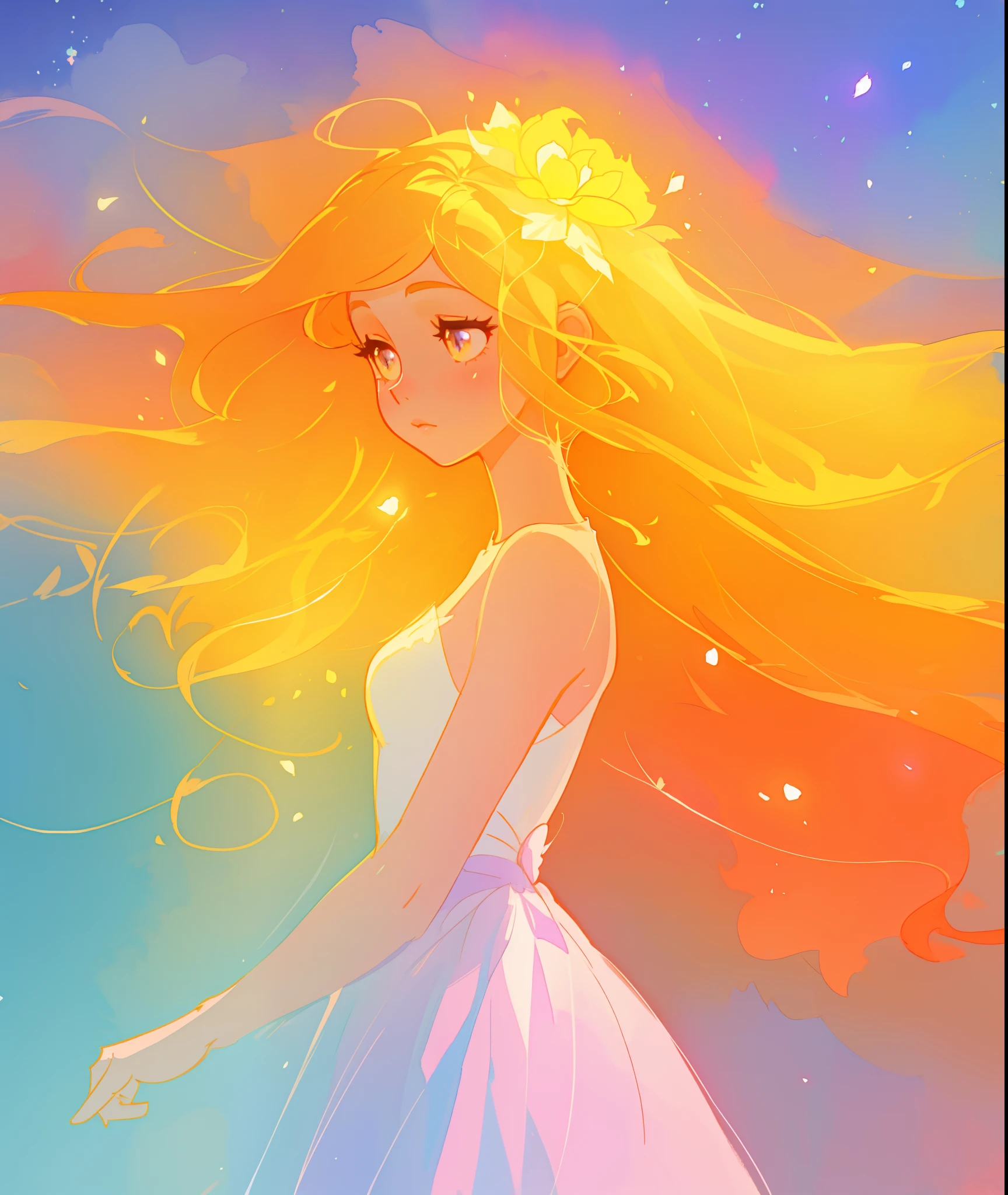 beautiful girl in white dress, fairy dress, long golden hair, watercolor illustration, inspired by Glen Keane, inspired by Lois van Baarle, disney art style, by Lois van Baarle, glowing aura around her, by Glen Keane, jen bartel, glowing lights! digital painting, flowing glowing hair, glowing flowing hair, beautiful digital illustration, fantasia otherworldly landscape plants flowers, beautiful, masterpiece, best quality, anime disney style
