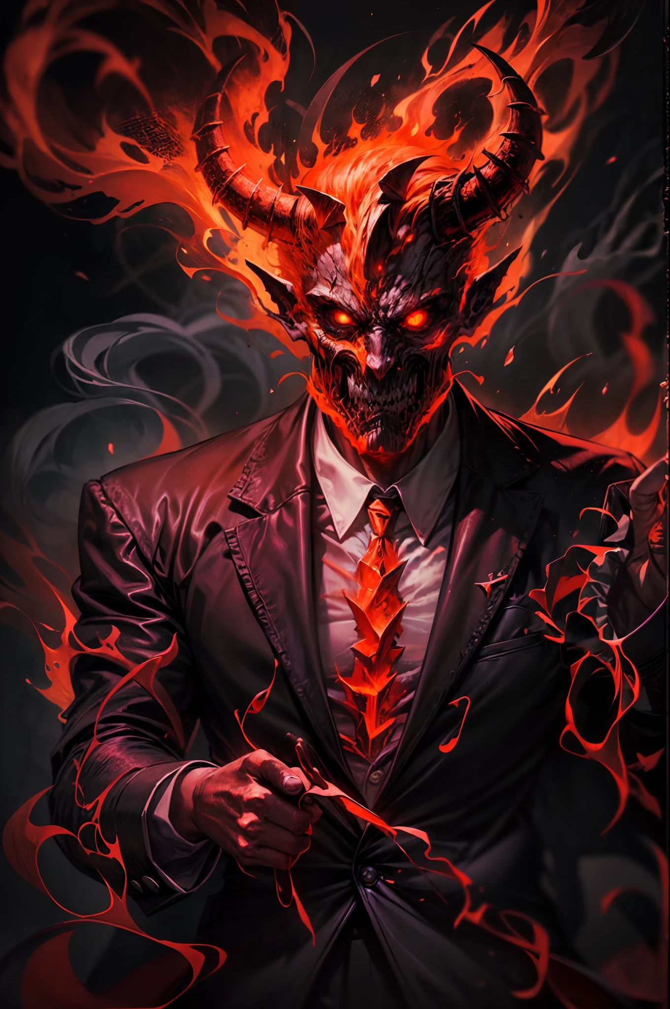 Image of a chaos burning devil dressed in a vest as a hellish business manager,(glowing eyes, intense flames, smoke, dark and fiery background), (oil painting, highres), (ominous atmosphere, intense heat), (sinister expression, powerful stance), (demonic aura, chaotic energy), (hellish colors, fiery red and orange), (dramatic lighting, shadows and highlights), (fine details, intricate textures), (mythical creature, supernatural), (surreal and captivating), (epic and terrifying), (nightmarish and awe-inspiring), (bold and dynamic), (magical realism), (sinister beauty), (descent into darkness).