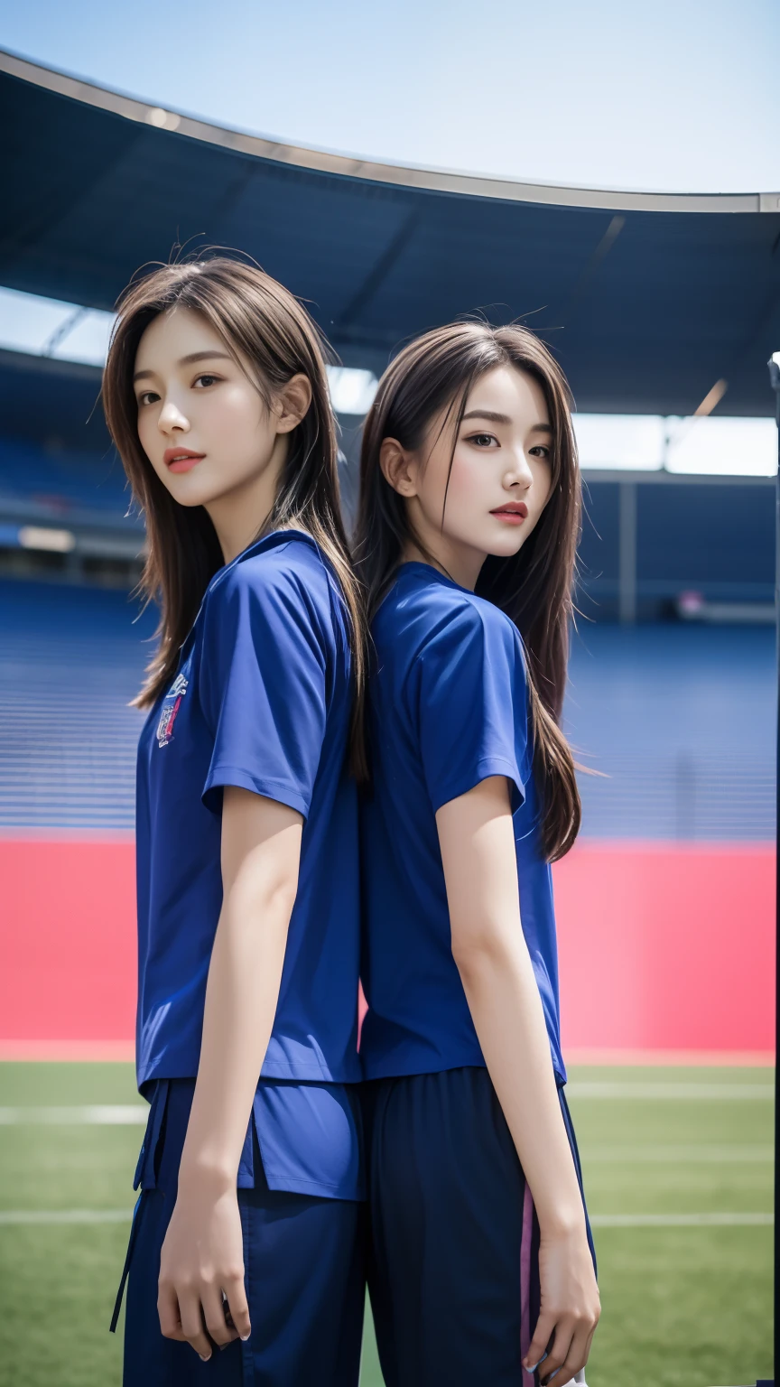 (bestquality,10,10,highres,masterpiece:1.2),ultra-detail,(Realistic,photorealistic portrait,photo-realistic:1.37),1 Cute girl in the football field,oily shiny skin,bara,light smile,BDclothes,((blue shirt:1.3)),short sleeves,shirt, trousers.,(navy_long_Pants Track:1.1), ((Stadium Background:1.3)),dynamic angle,excited,face focus,Dynamic Poses,from behide,Ass Focus,masterpiece, bestquality, ultra realistic, hyper-detail, 8k resolution, RAW photo, crisp focus, ((Navy blue shirt:1.1)), short sleeves, Long Path, Perfect body, 2 mature women, 18yo, cinematic light,Blue sweatpants,Gymware,Correct anatomy,Complete body, Correct body, sharp face, Anatomically correct body, full entire body, Realistic gestures, long-haired, Realistic poses,Wear long shorts.............,Long leg span,Shapely,Sculpting Girl, Slender Figure, mannequin mannequins, Shapely, Beautiful body,Blue sweatpants, Two girls kissing